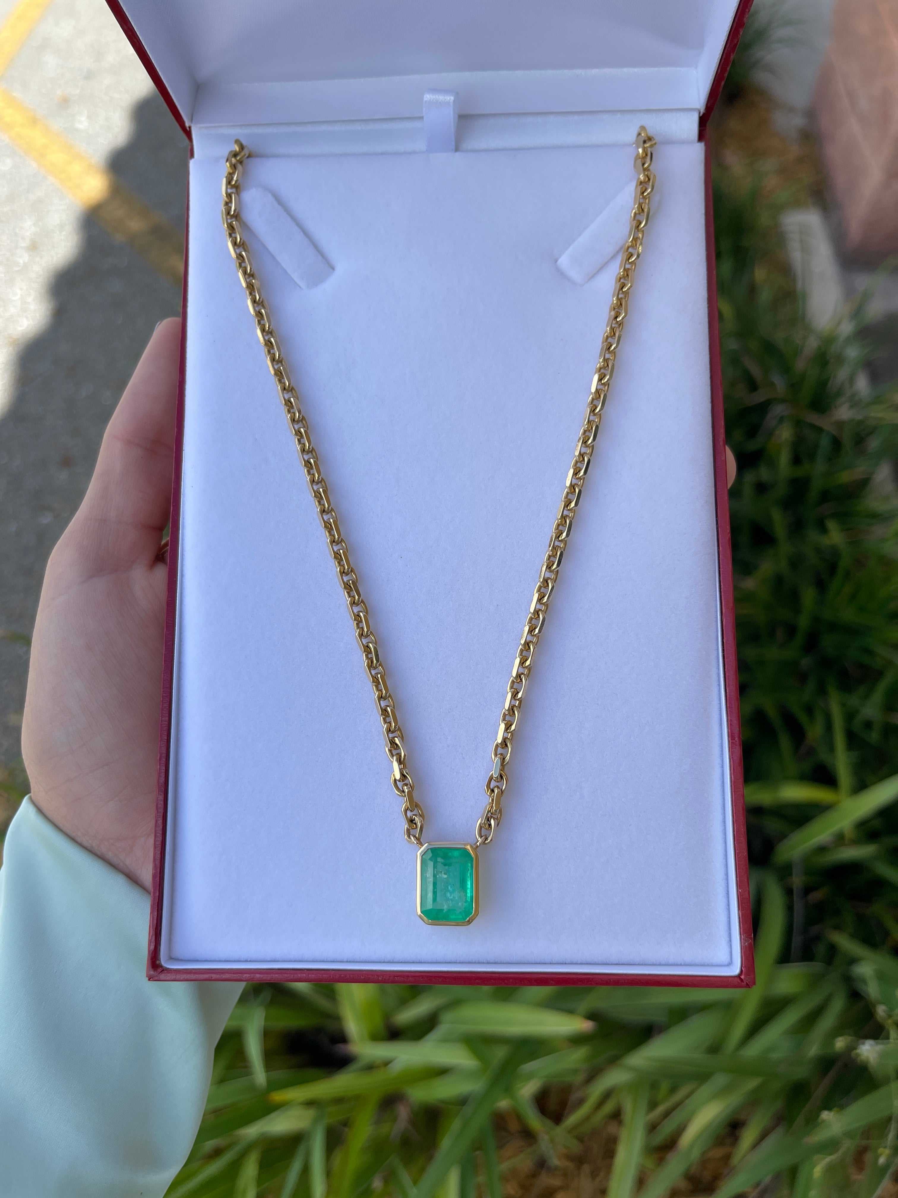 7.61 Carat Natural Colombian Emerald Bezel Set Unisex Solitaire Necklace 14K - JR Colombian Emeralds