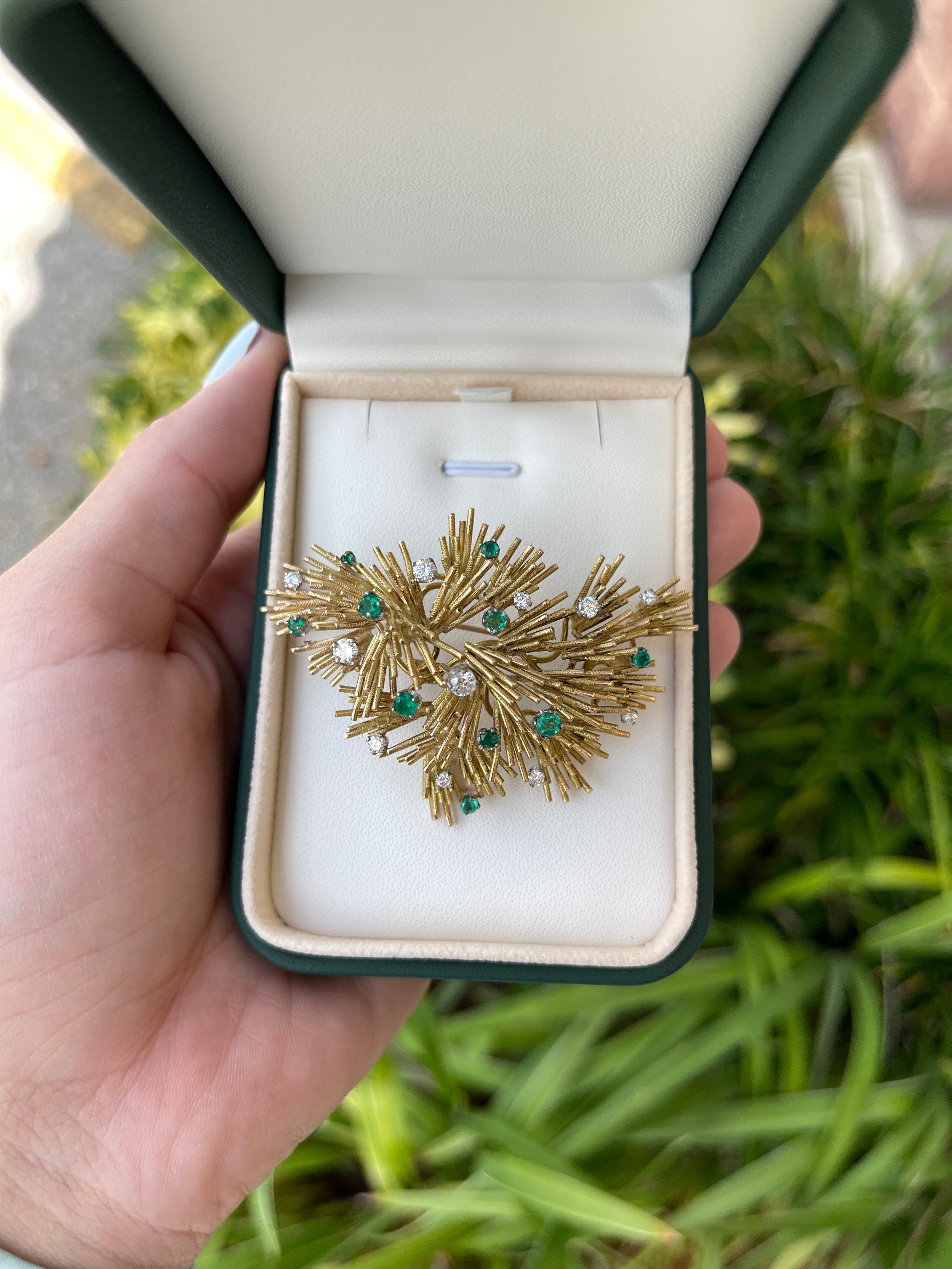 2.05tcw Colombian Emerald & Diamond Gold Sea Urchin Brooch 18K - JR Colombian Emeralds