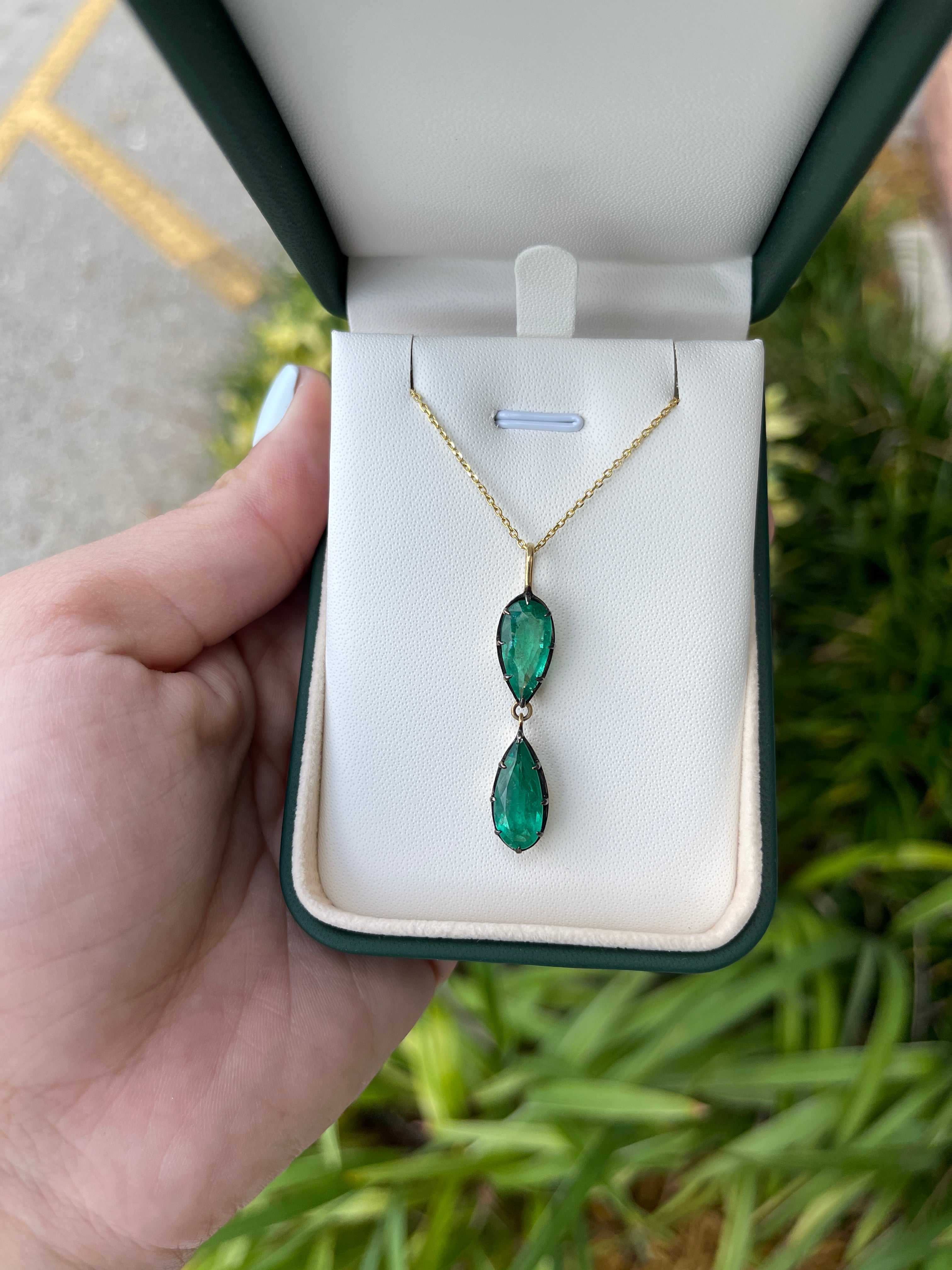 Natural Emerald Hour Glass Necklace 5.25tcw 14K Gold