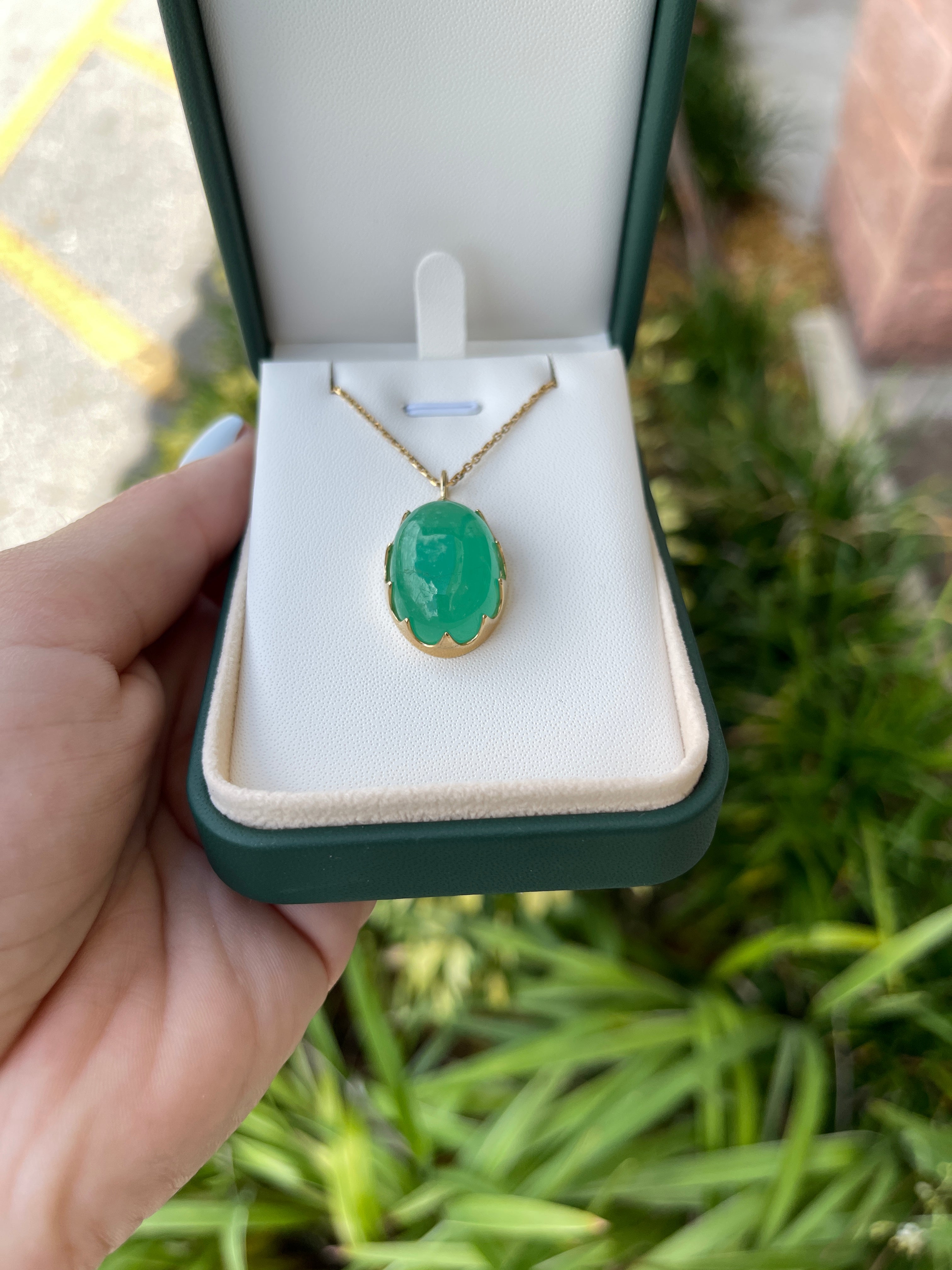 29.85 Carat Large Oval Cut Colombian Emerald Cabochon Necklace 14K - JR Colombian Emeralds