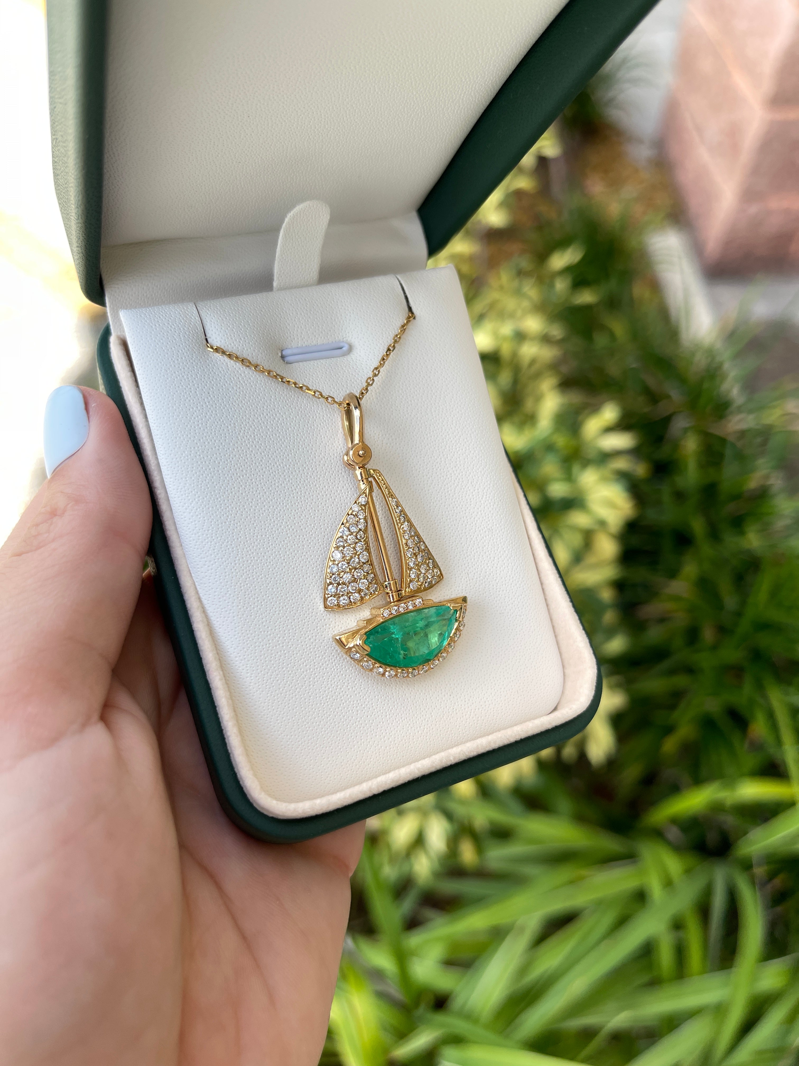 AAA 6.61tcw Quality Half Moon Emerald & Diamond 14K Sail Boat