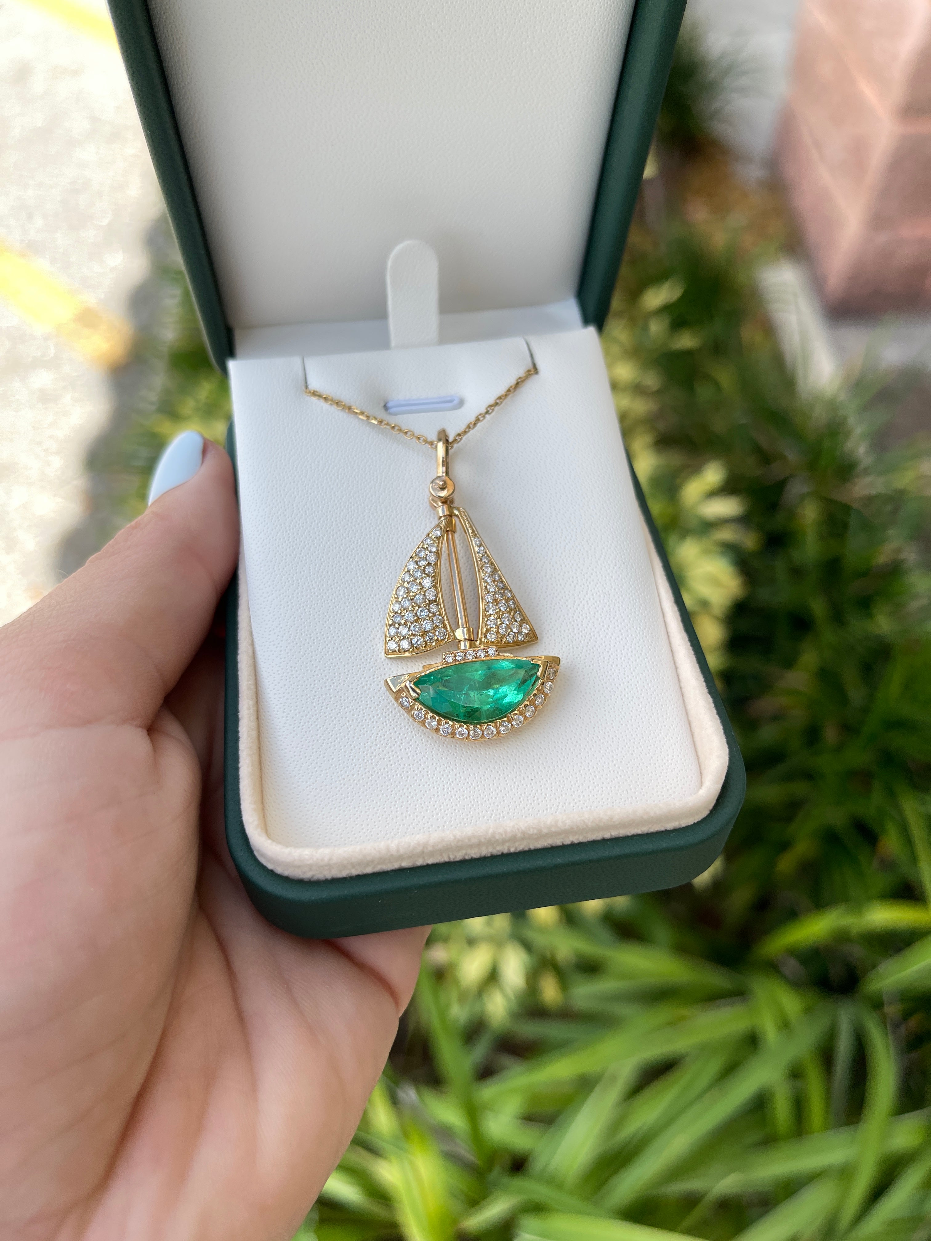 6.61tcw Colombian Emerald & Diamond Sail Boat 14K Handcrafted Jewelry