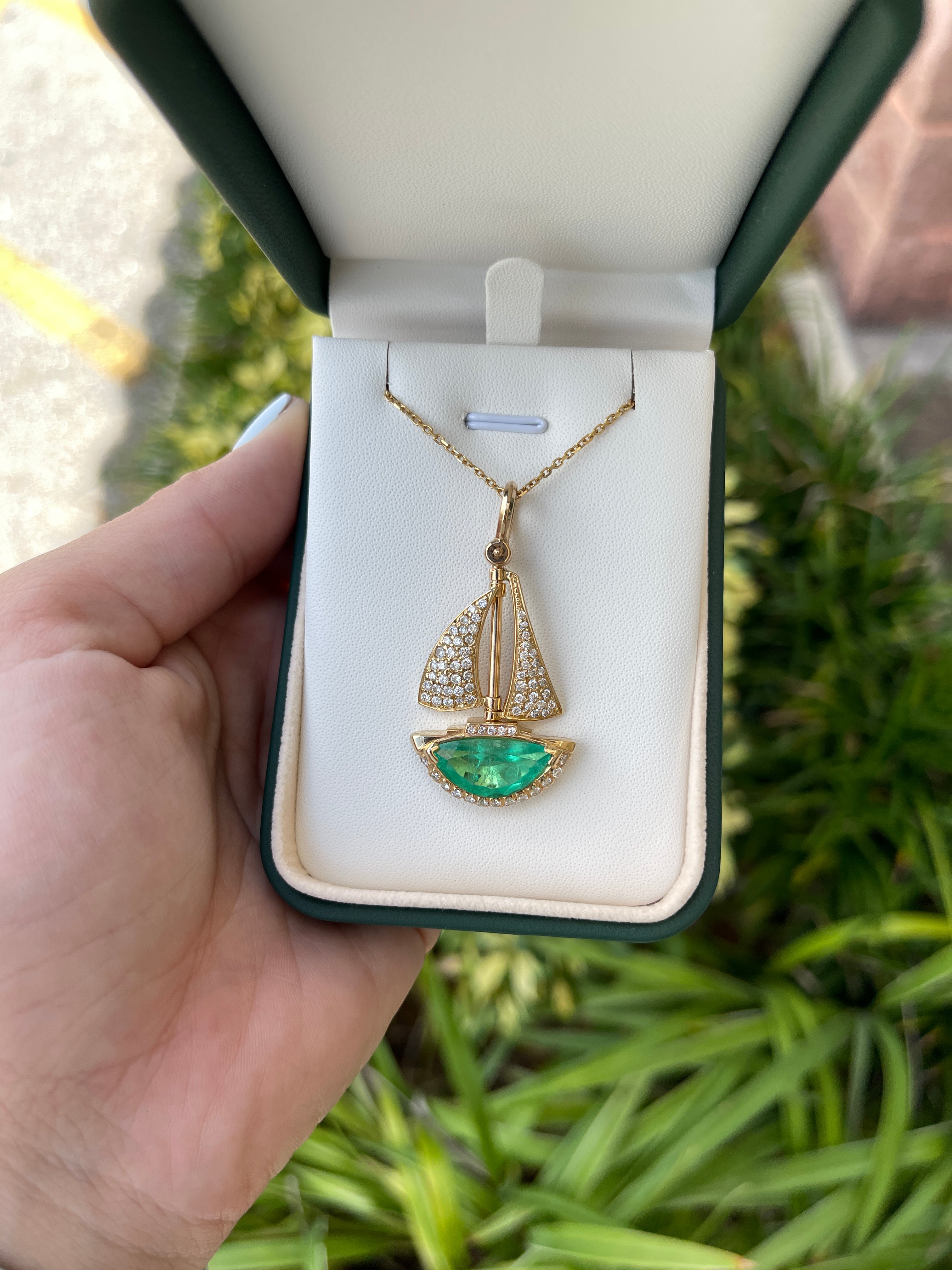 6.61tcw Colombian Emerald & Diamond 14K Sail Boat Jewelry Handmade