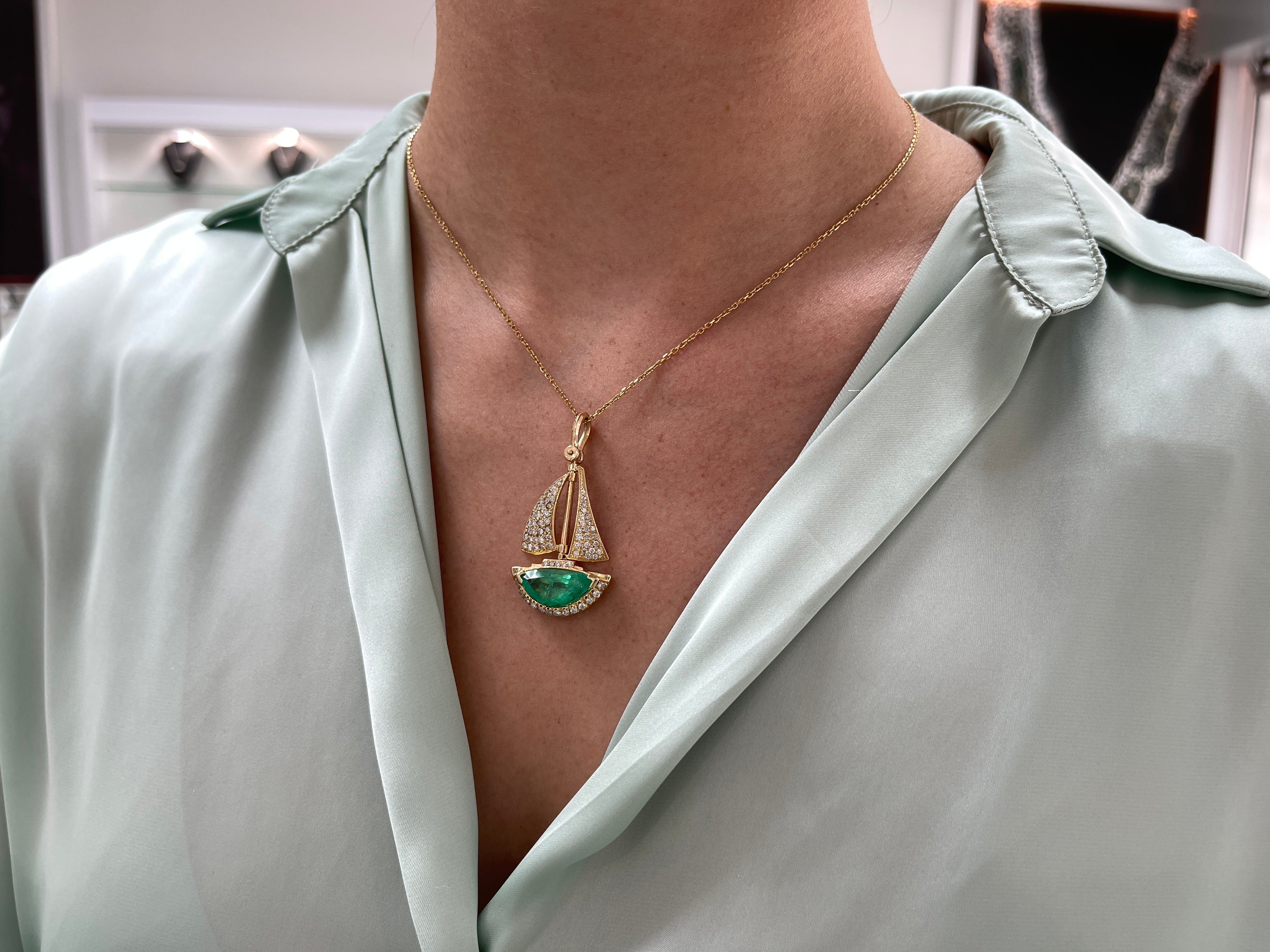 Colombian Emerald & Diamond Sail Boat 14K Handcrafted Jewelry