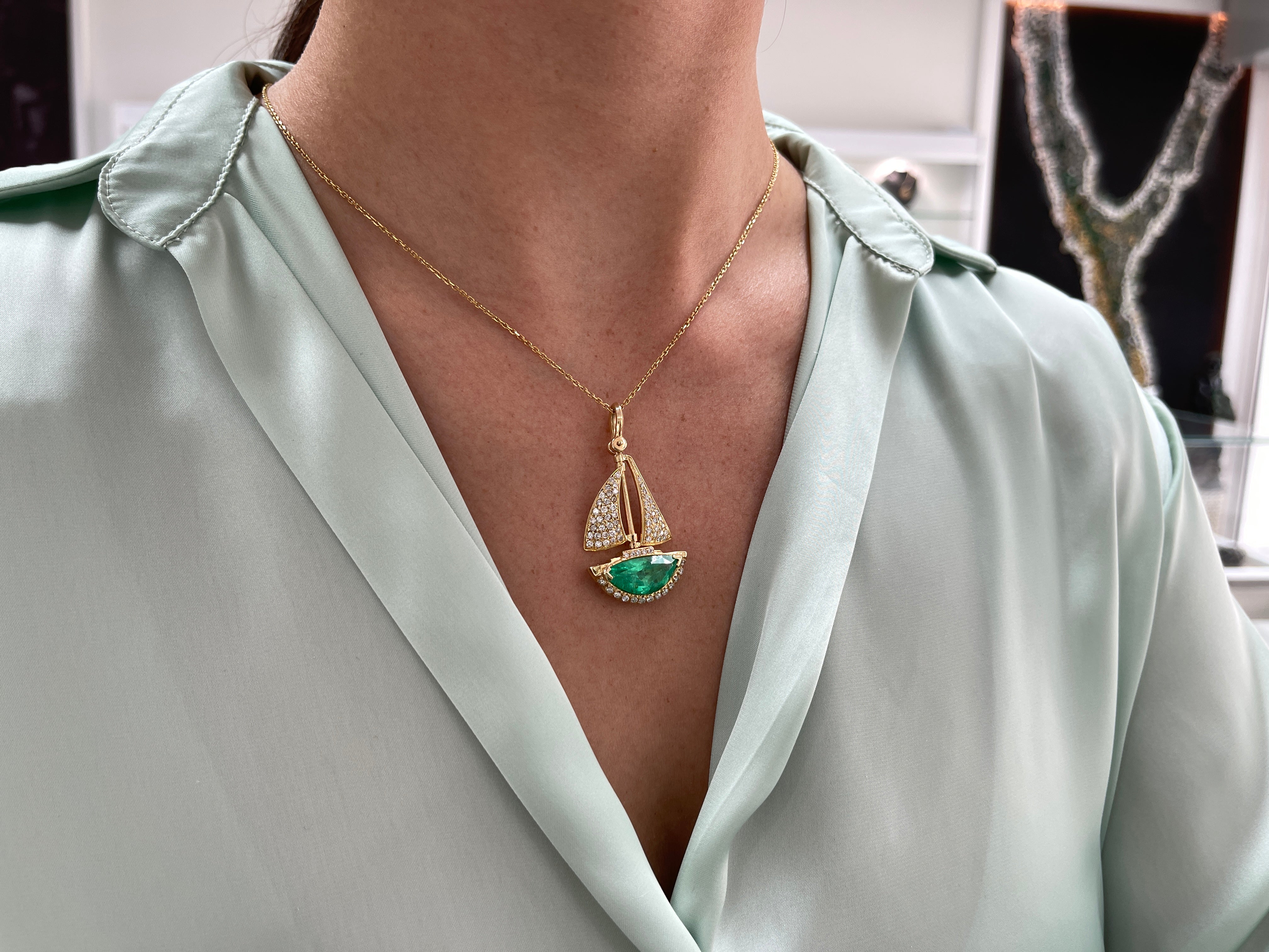 AAA Quality Half Moon Emerald & Diamond 14K Sail Boat