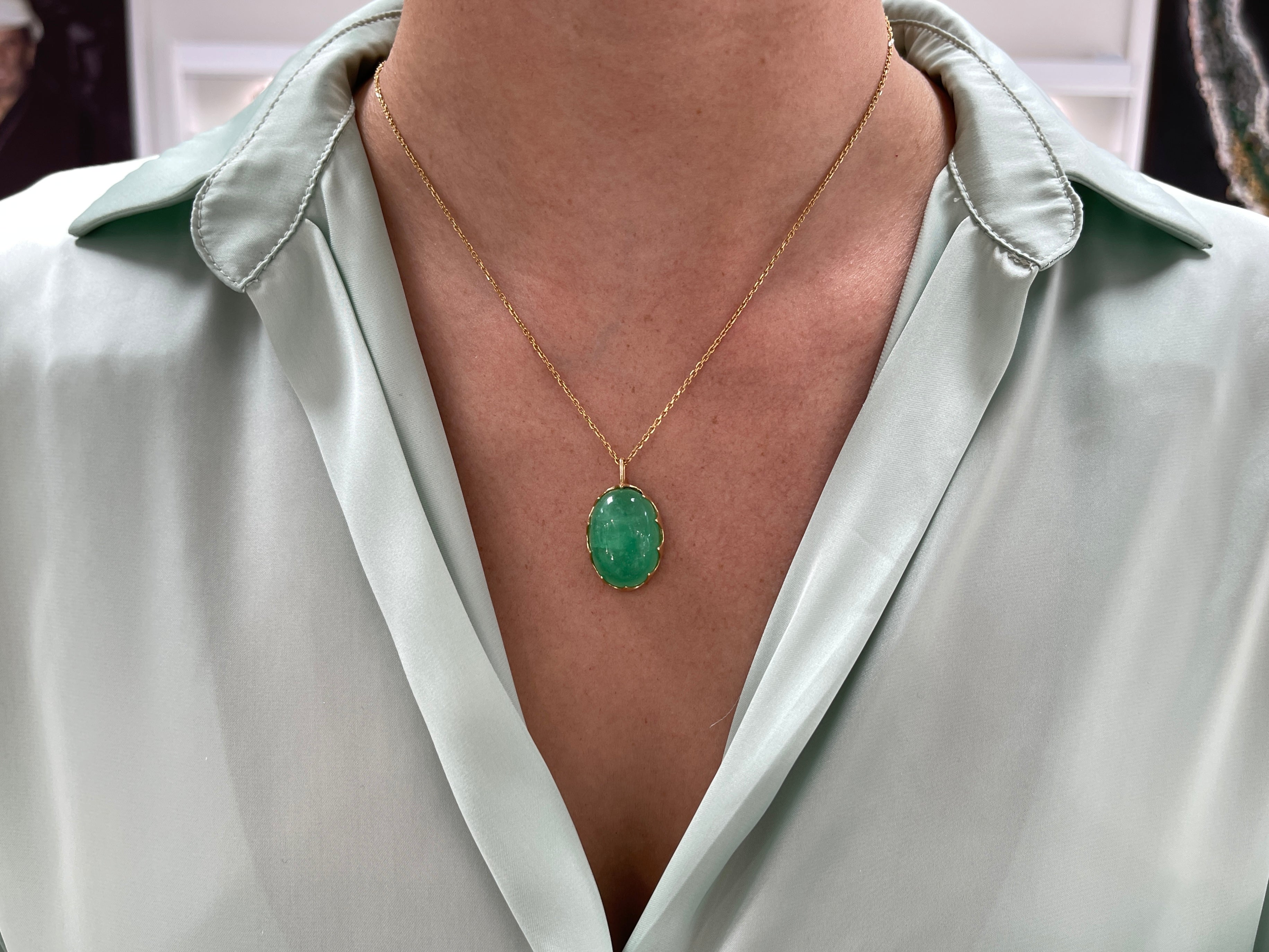 29.85 Carat Large Oval Cut Colombian Emerald Cabochon Necklace 14K - JR Colombian Emeralds