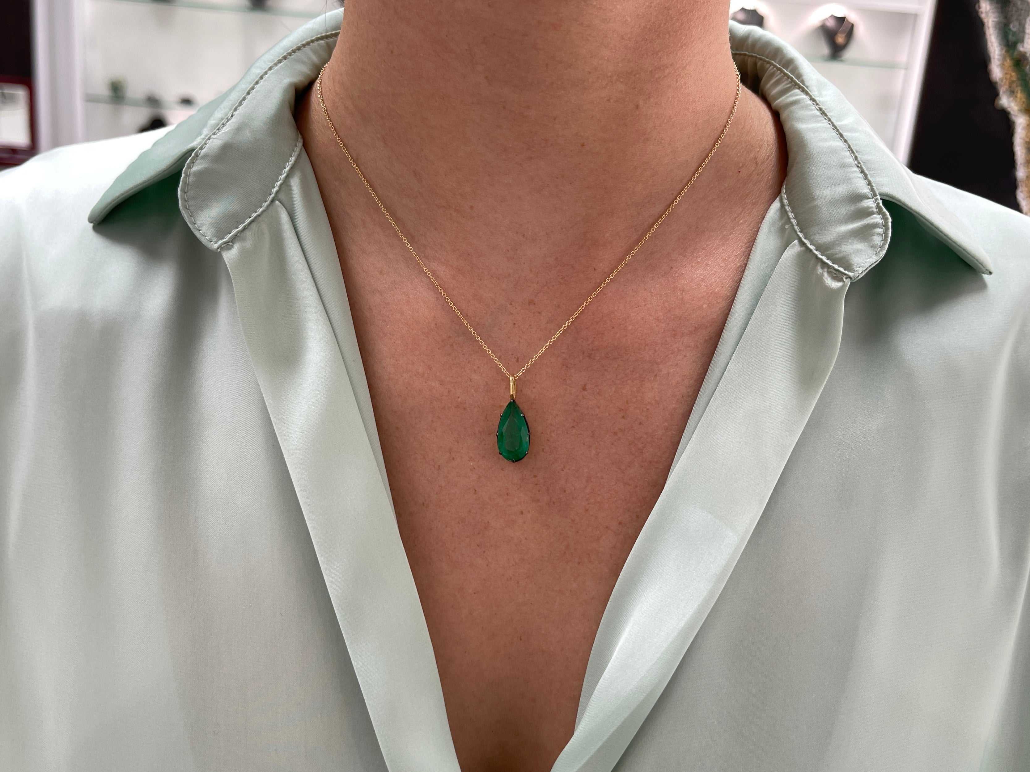 4.91 Carat Rich Dark Green Emerald Georgian Styled Solitaire Pendant 14K - JR Colombian Emeralds