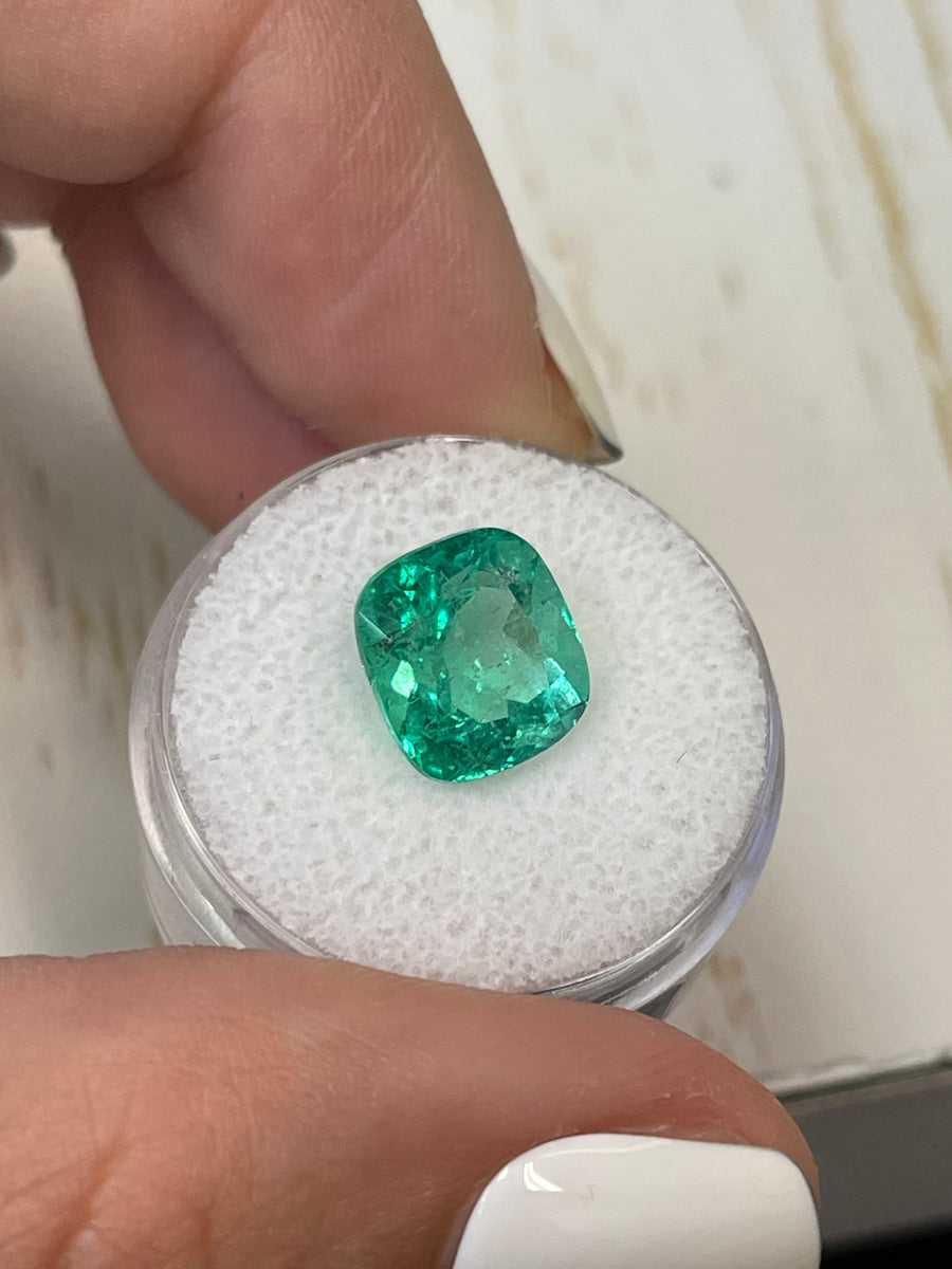 10.5 x 9.7 Bluish Natural Colombian Emerald - 5.29 Carats - Cushion Cut