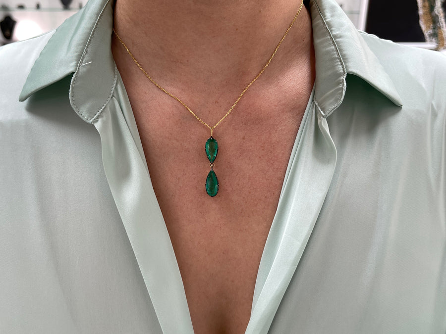 5.25tcw Rich Dark Green Natural Emerald Georgian Styled Hour Glass Necklace 14K