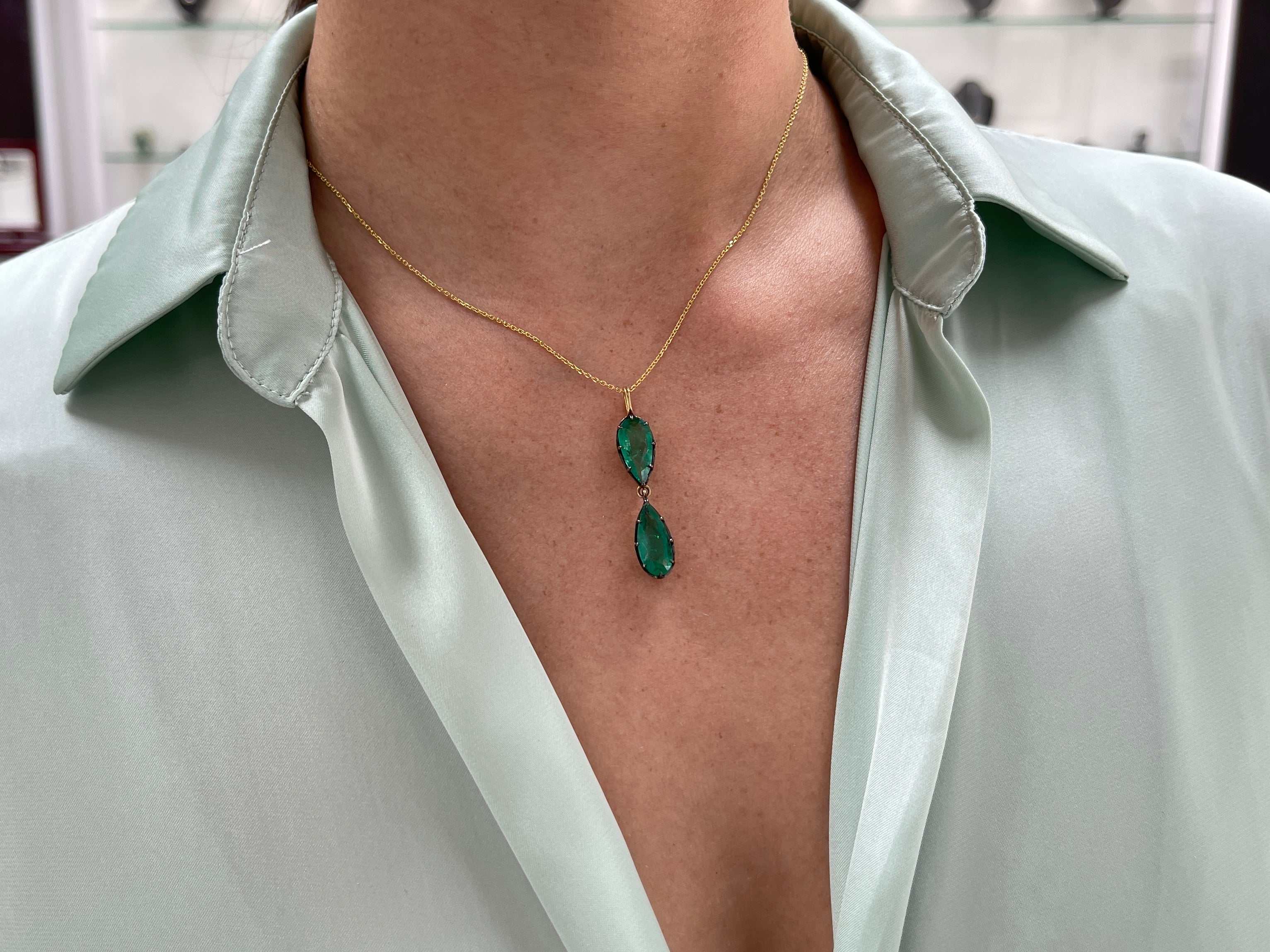 5.25tcw Dark Green Emerald Necklace Georgian Inspired 14K Gold