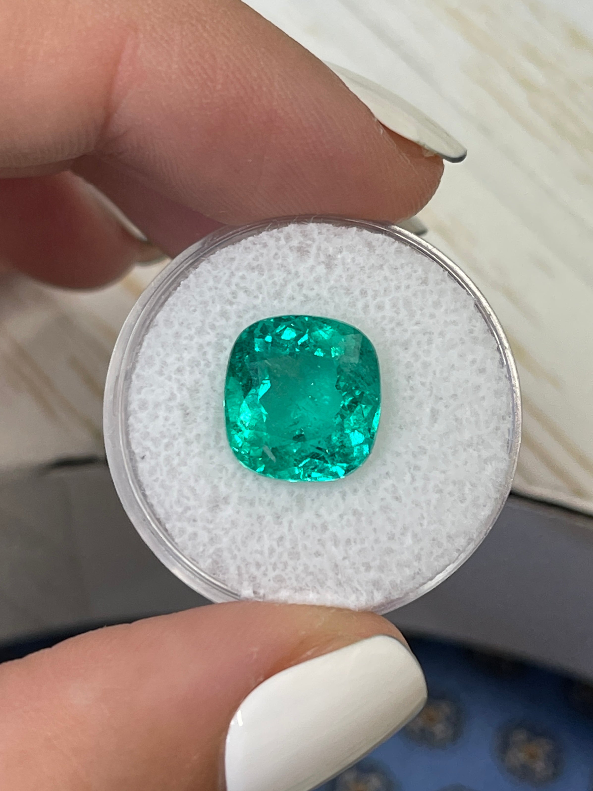 Certified 5.80 Carat Cushion Cut Bluish Green Colombian Emerald - Natural Loose Gem