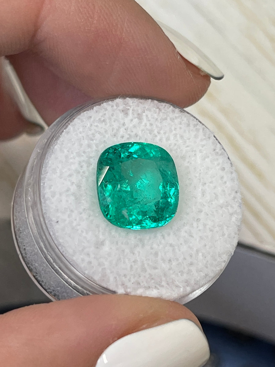 Genuine 5.80 Carat Bluish Green Cushion Cut Colombian Emerald - Certified Loose Gem