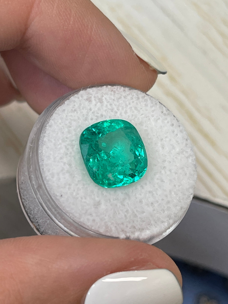 11.5x10.8 Cushion Cut Bluish Green Colombian Emerald - Natural Gem, Certified 5.80 Carat