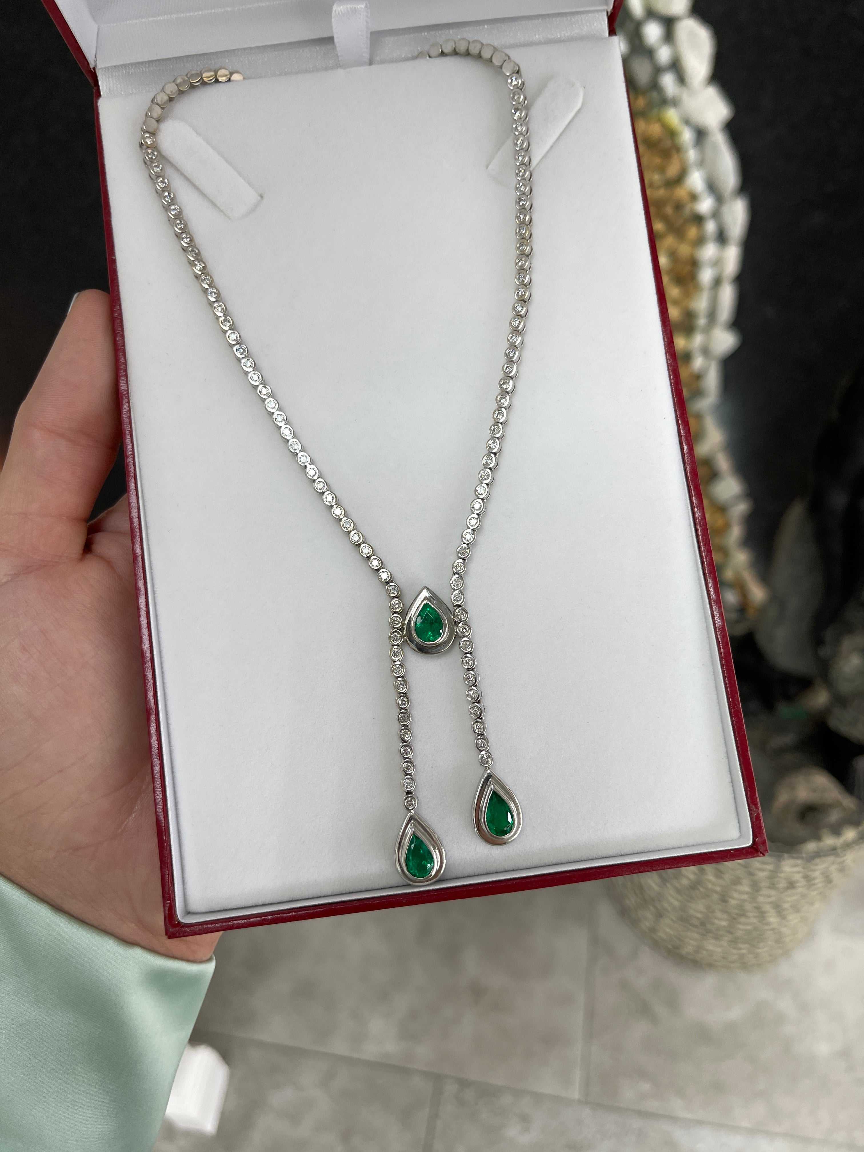 9.24tcw Pear Emerald & Diamond Lariat Statement Necklace 18K - JR Colombian Emeralds