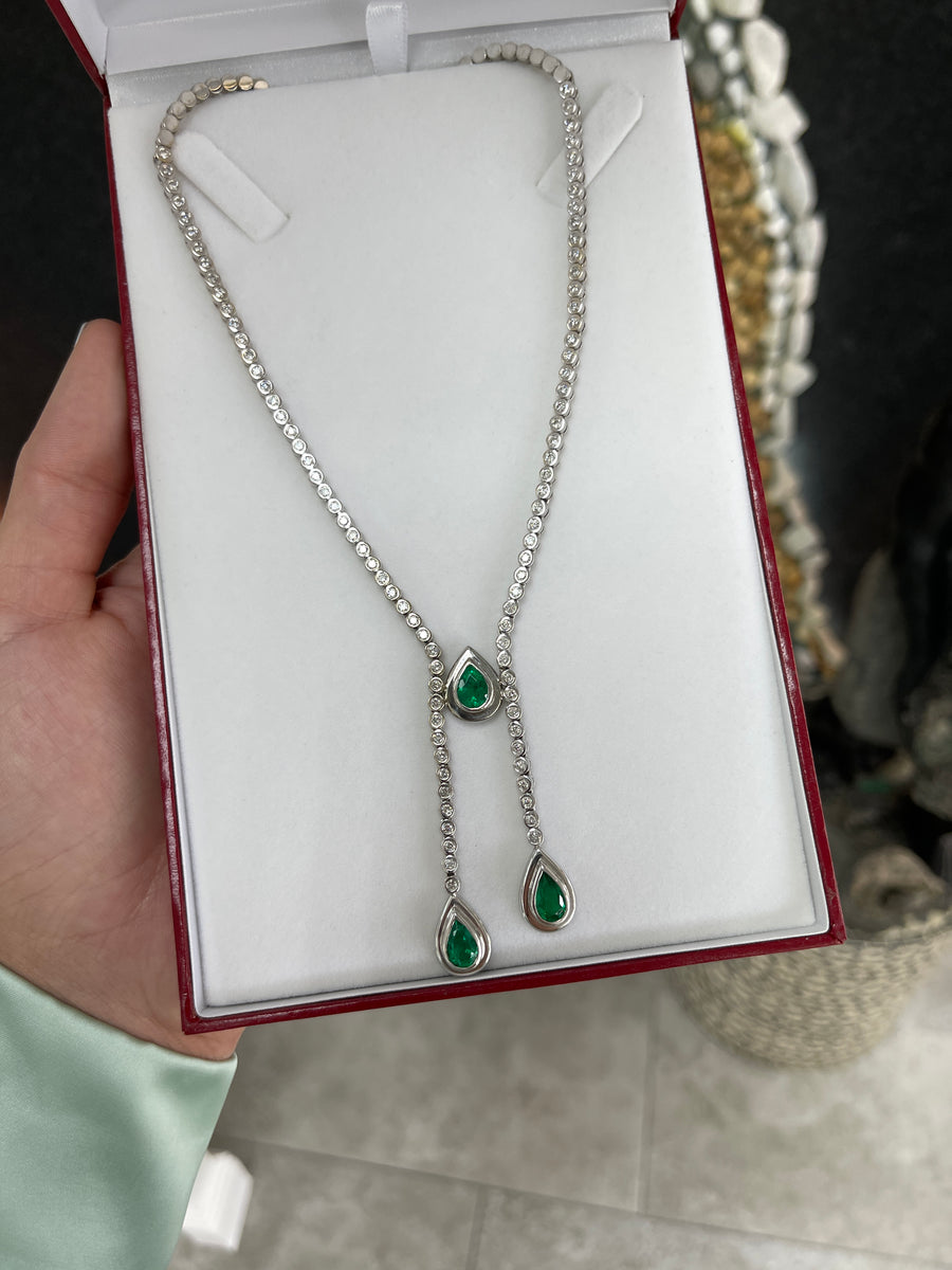 9.24tcw Pear Emerald & Diamond Lariat Statement Necklace 18K