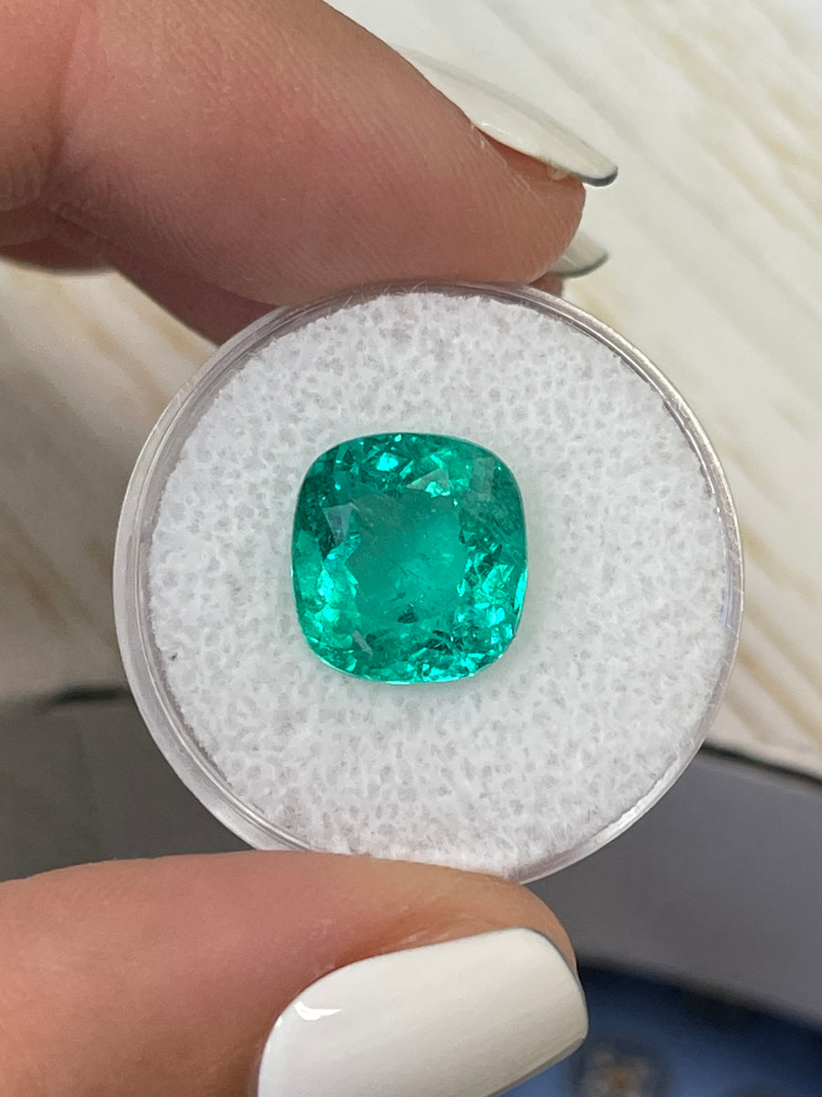 11.5x10.8 Natural Bluish Green Colombian Emerald - Cushion Cut, Certified 5.80 Carat