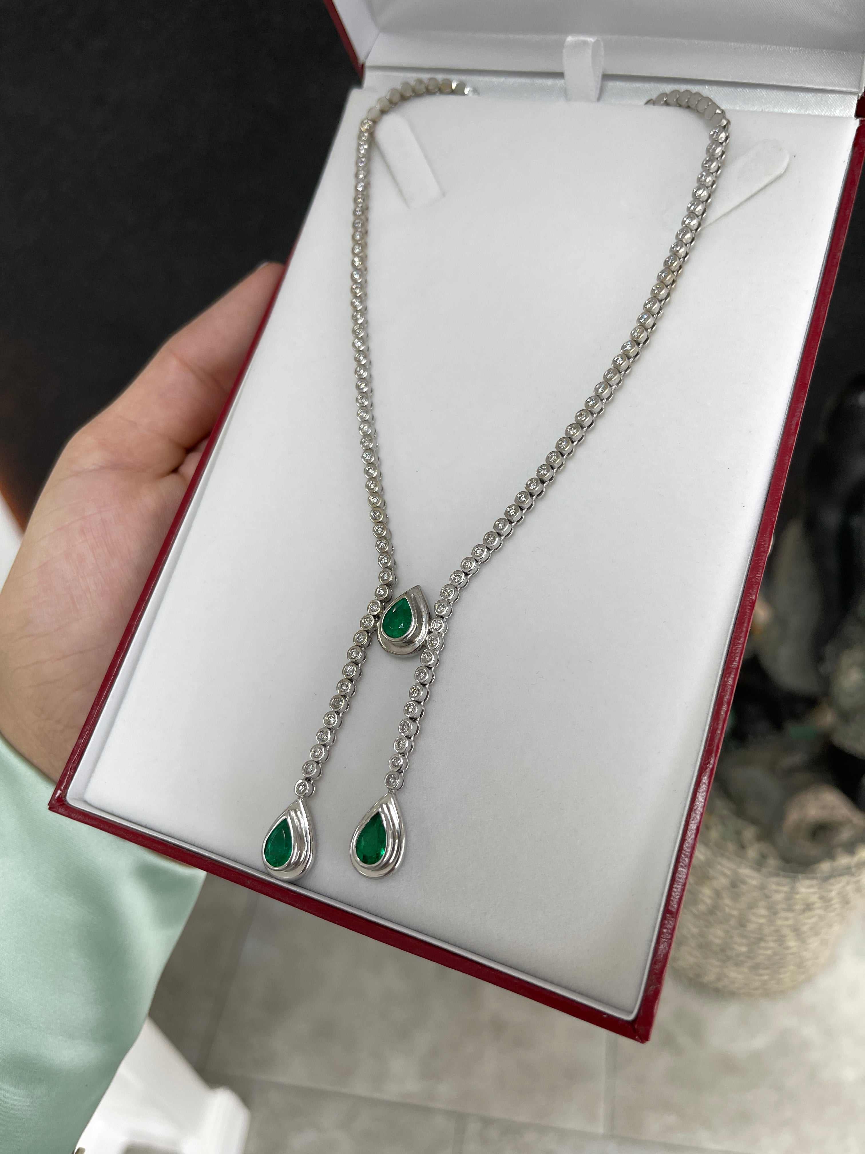 9.24tcw Pear Emerald & Diamond Lariat Statement Necklace 18K - JR Colombian Emeralds