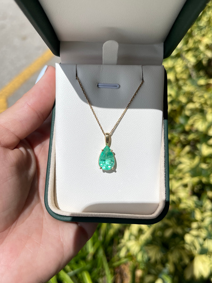 4.54 Carat Tear Drop Medium Green Colombian Emerald Solitaire Necklace 14K