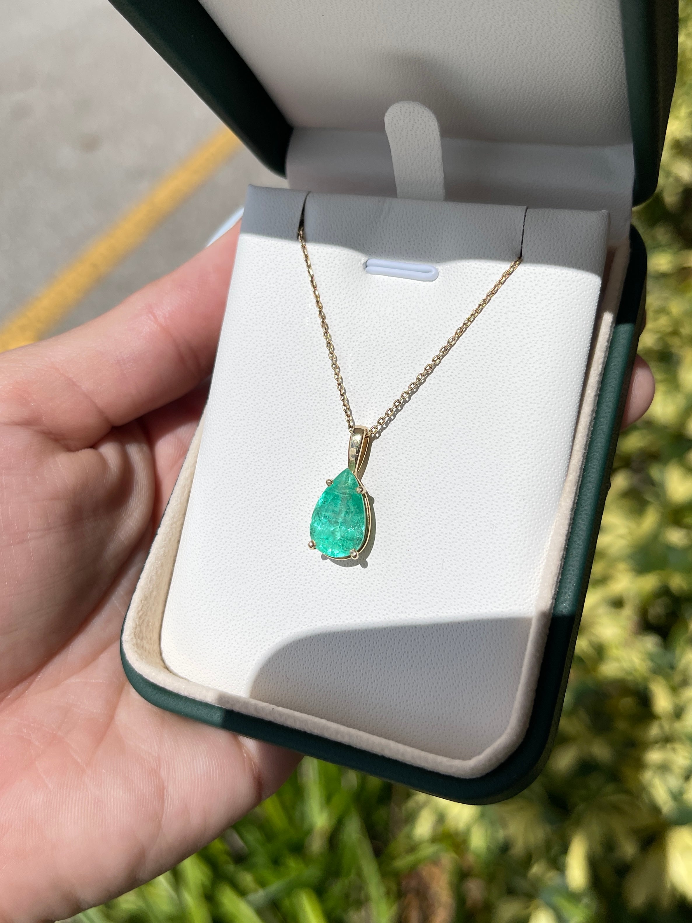 4.54 Carat Tear Drop Medium Green Colombian Emerald Solitaire Necklace 14K - JR Colombian Emeralds