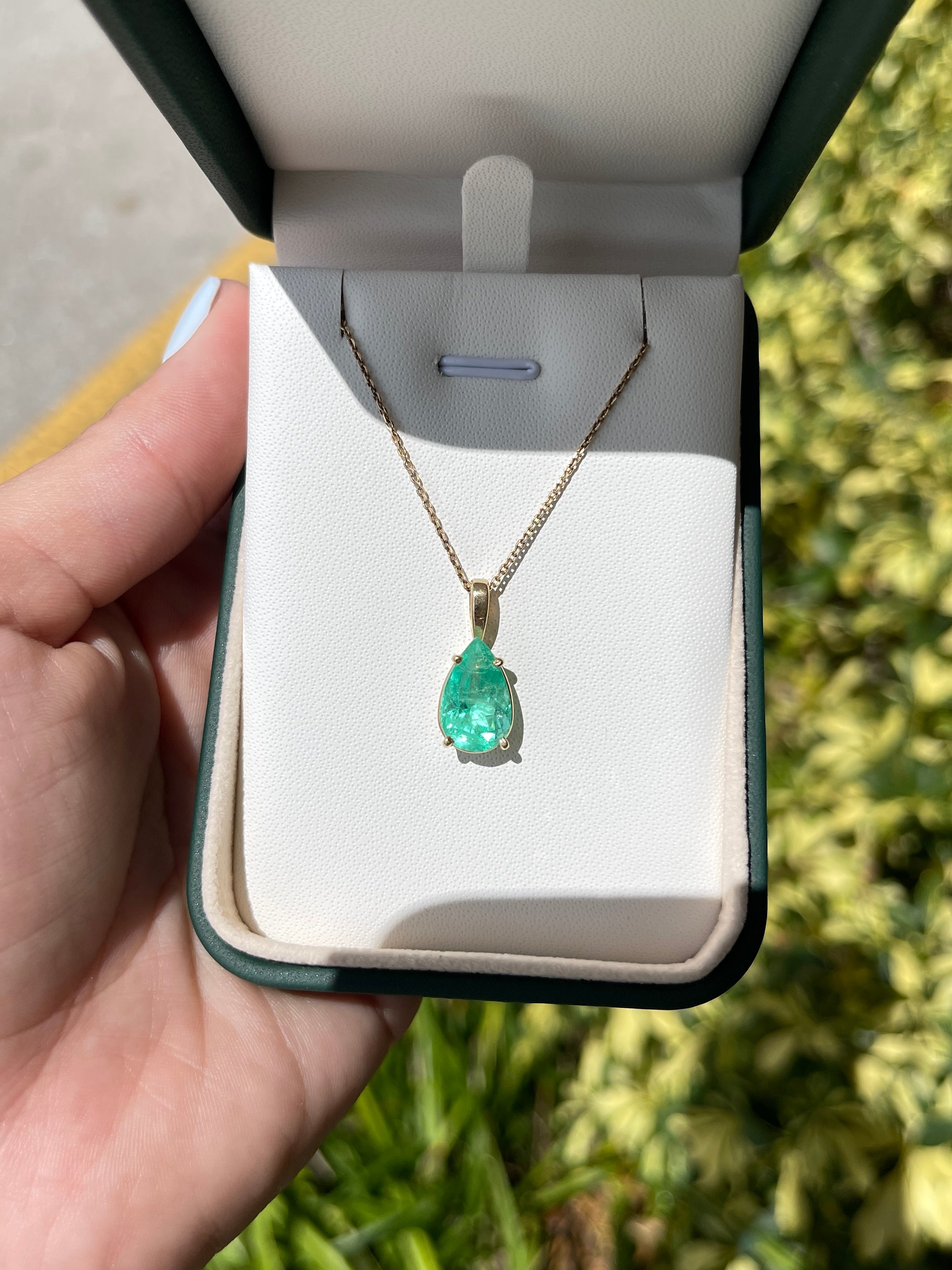 4.54 Carat Tear Drop Medium Green Colombian Emerald Solitaire Necklace 14K - JR Colombian Emeralds