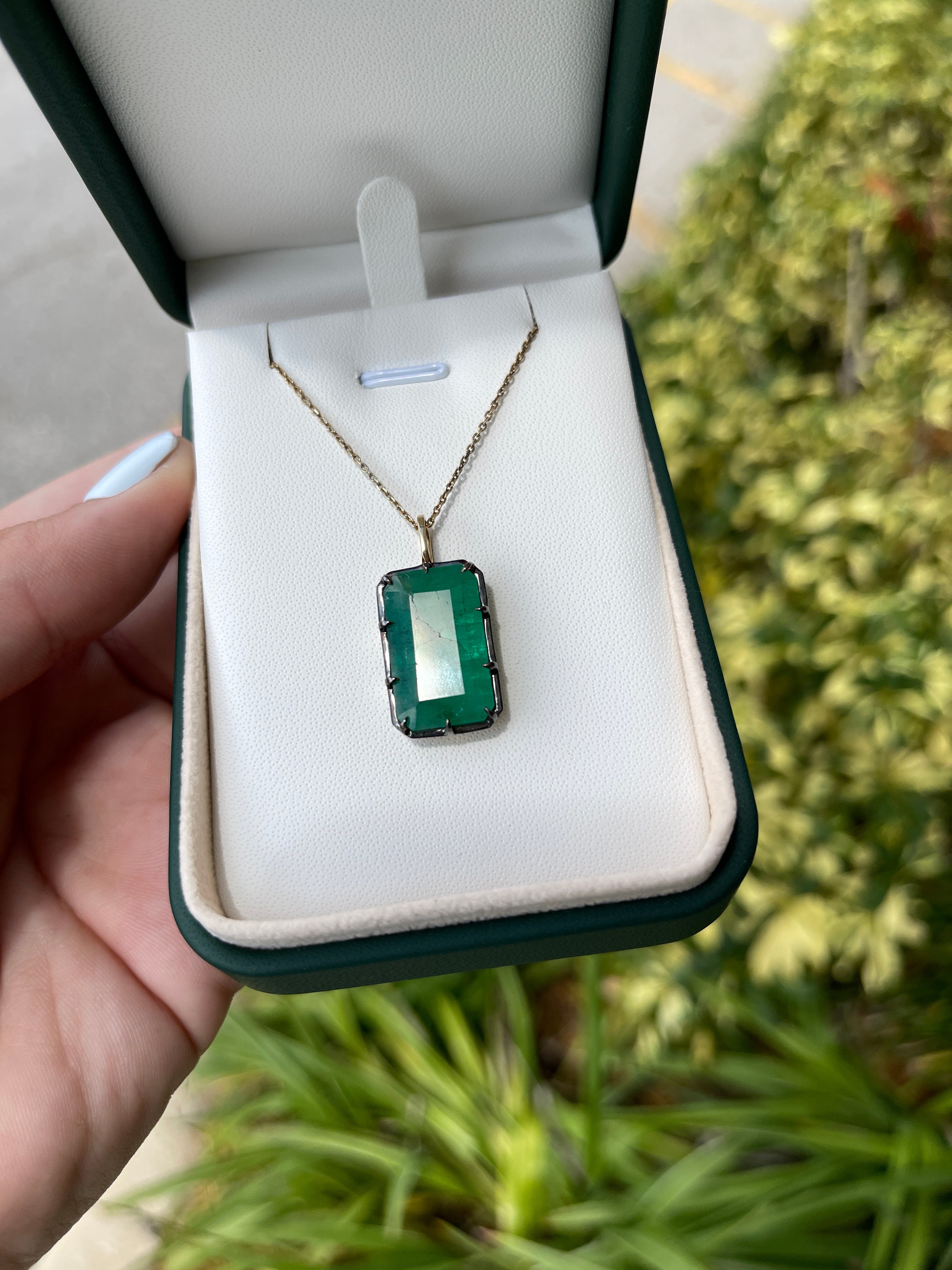 10.98ct Emerald Georgian Styled Solitaire 14K Gold Pendant - JR Colombian Emeralds