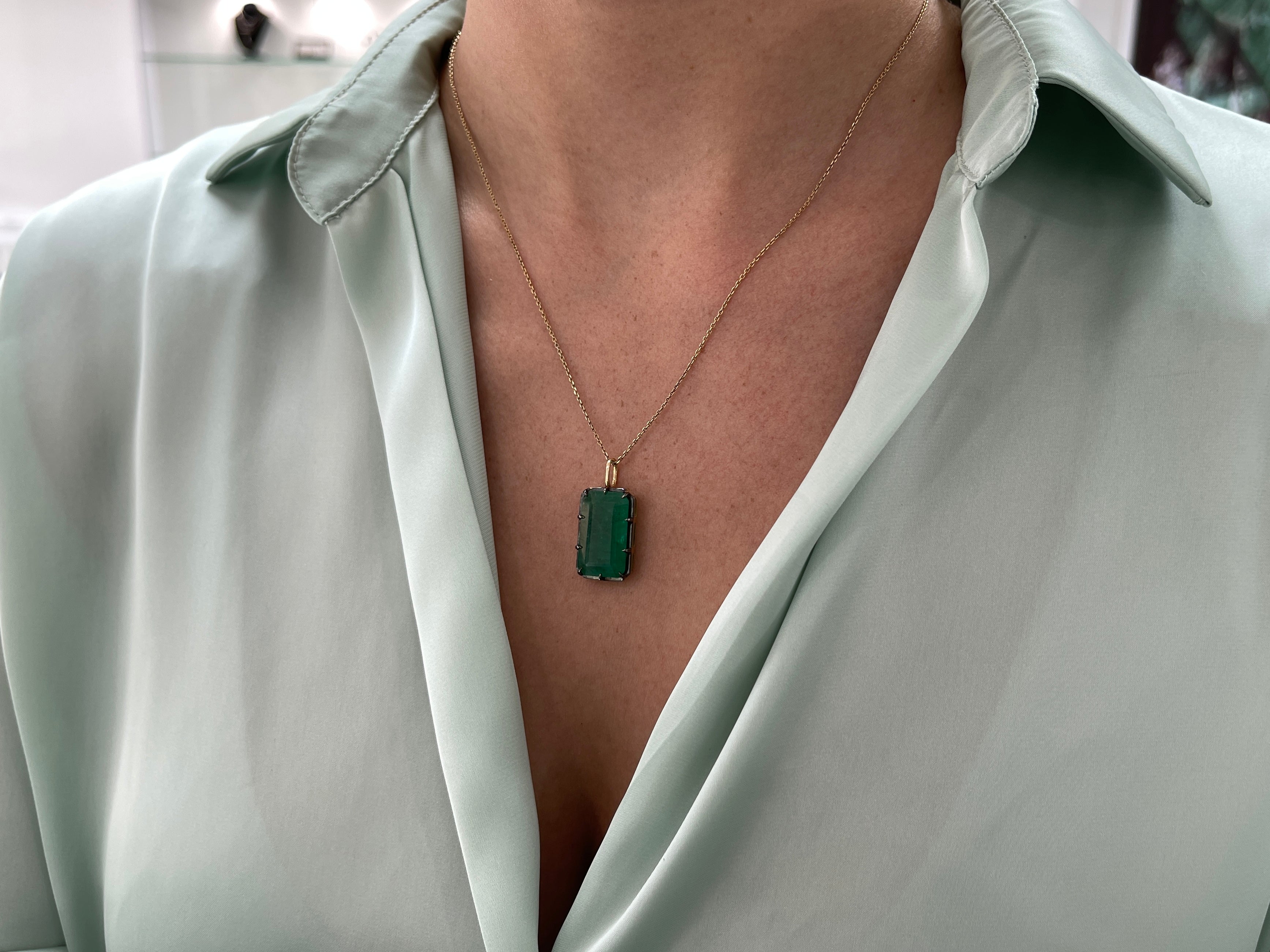 10.98ct Emerald Georgian Styled Solitaire 14K Gold Pendant - JR Colombian Emeralds