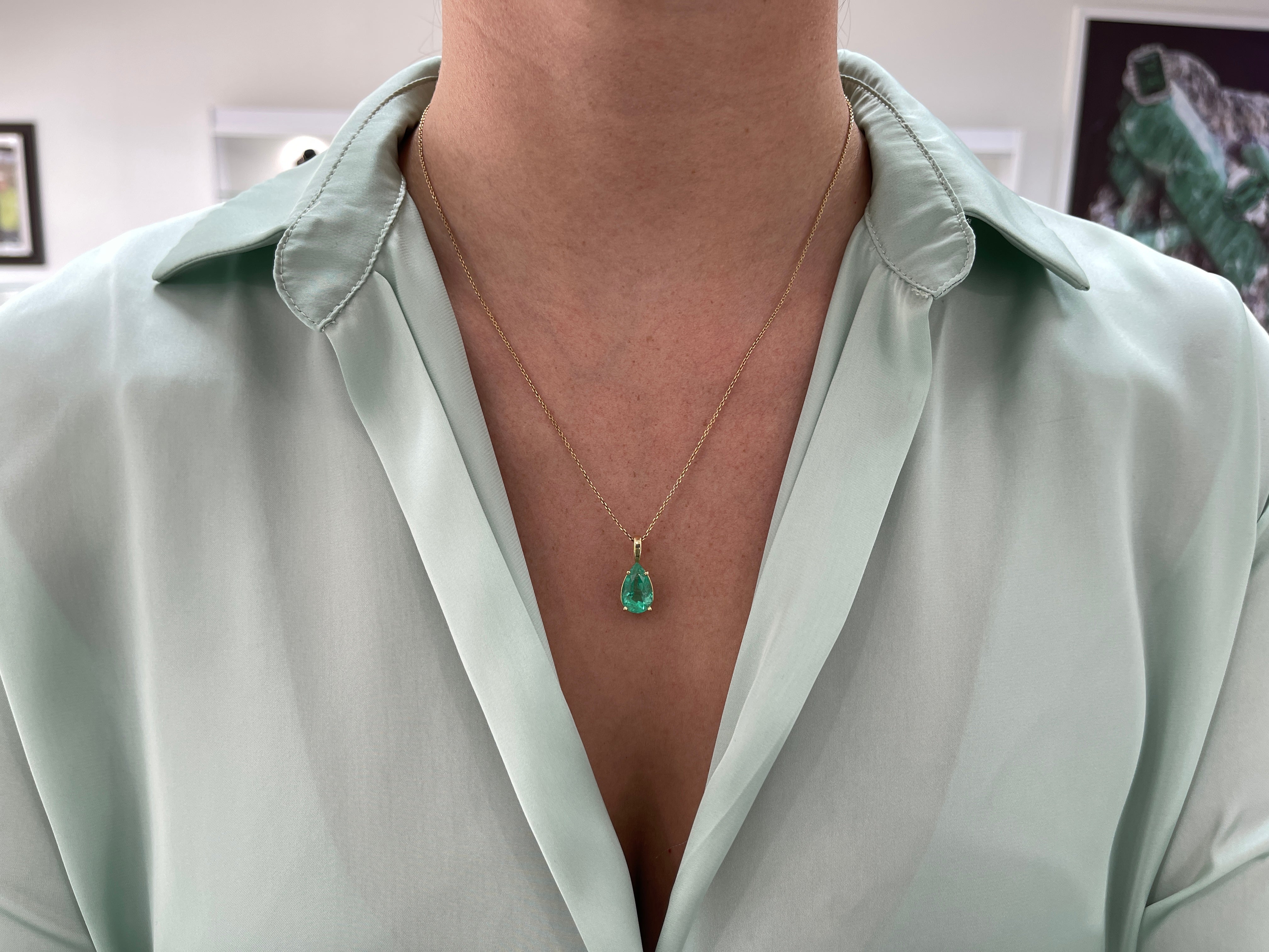 4.54 Carat Tear Drop Medium Green Colombian Emerald Solitaire Necklace 14K - JR Colombian Emeralds