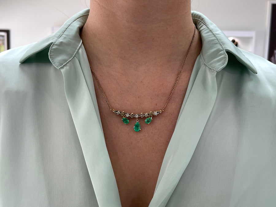 6.70tcw Bib Vintage Emerald Pear & Diamond Necklace 14K