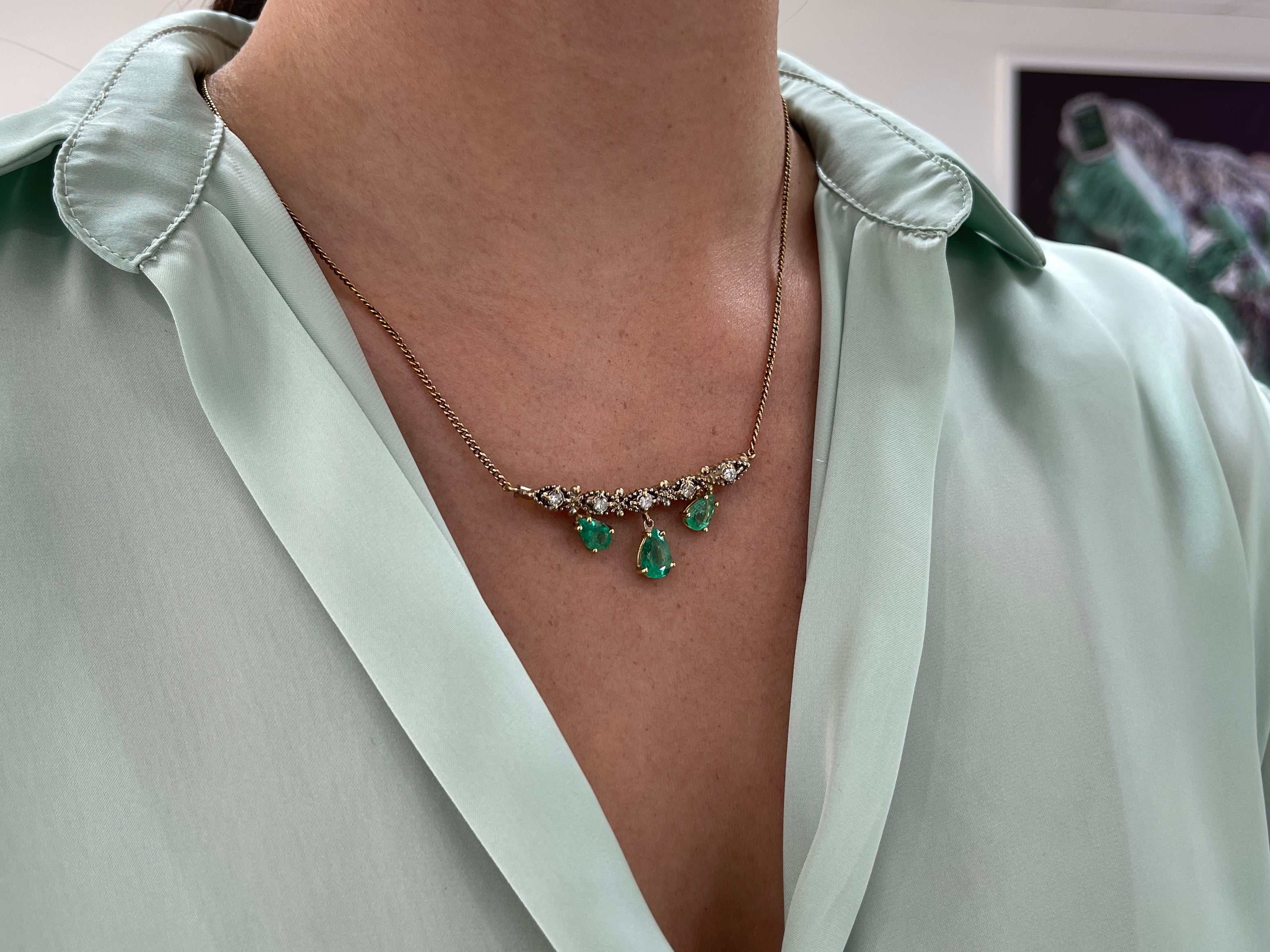 6.70tcw Bib Vintage Emerald Pear & Diamond Necklace 14K - JR Colombian Emeralds