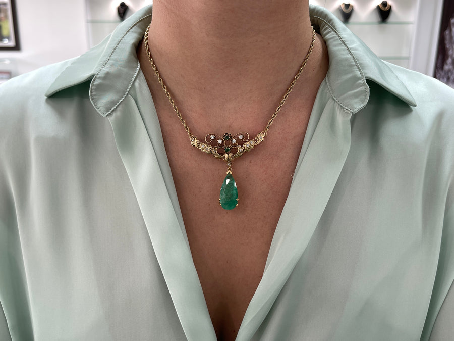 14.97tcw Vintage Pear Colombian Emerald & Diamond Necklace/Brooch 14K