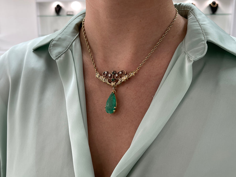 14.97tcw Vintage Pear Colombian Emerald & Diamond Necklace/Brooch 14K