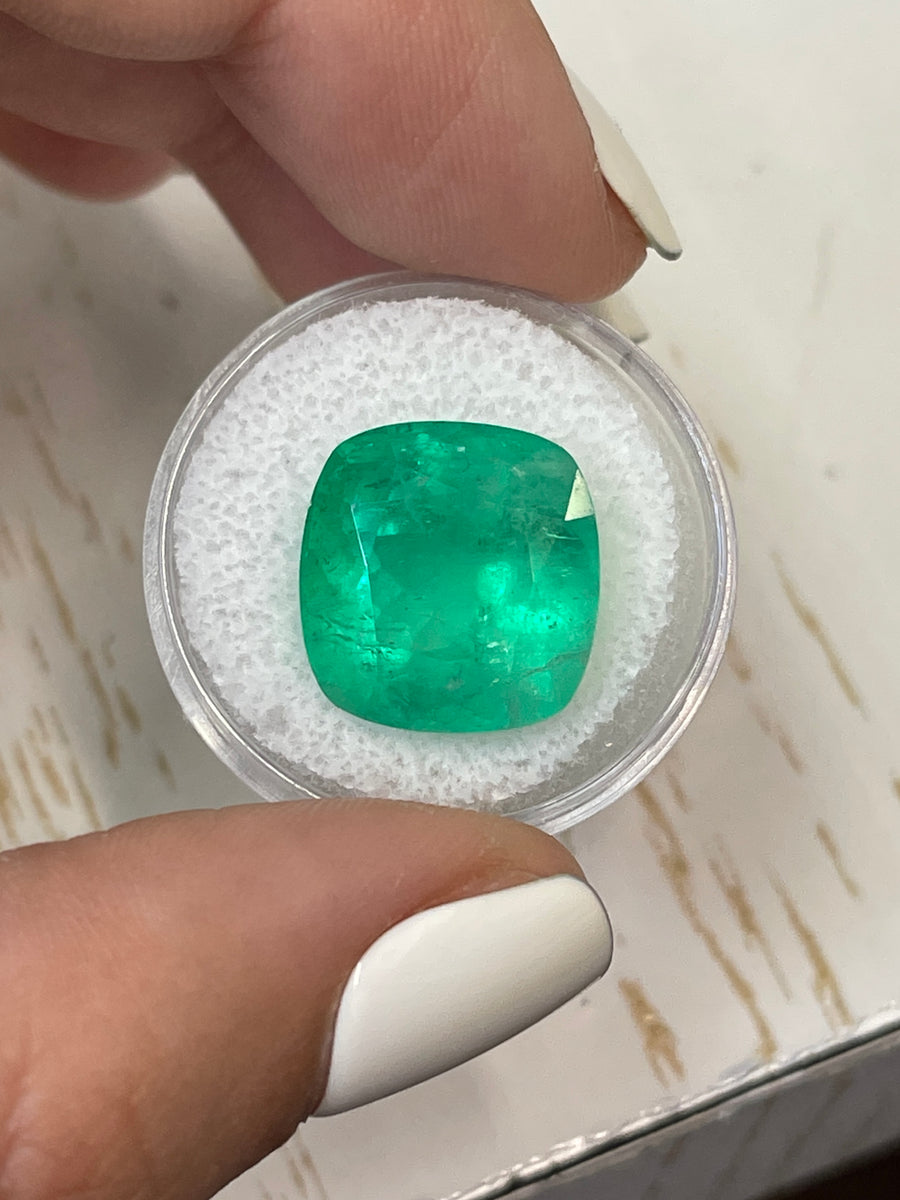Cushion Cut Medium Green Colombian Emerald - 14.55 Carats