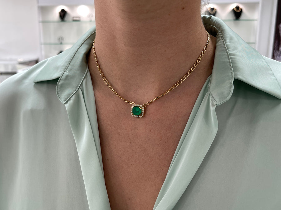 3.19tcw Natural Dark Rare Green Colombian Emerald & Diamond Halo Pendant 18k