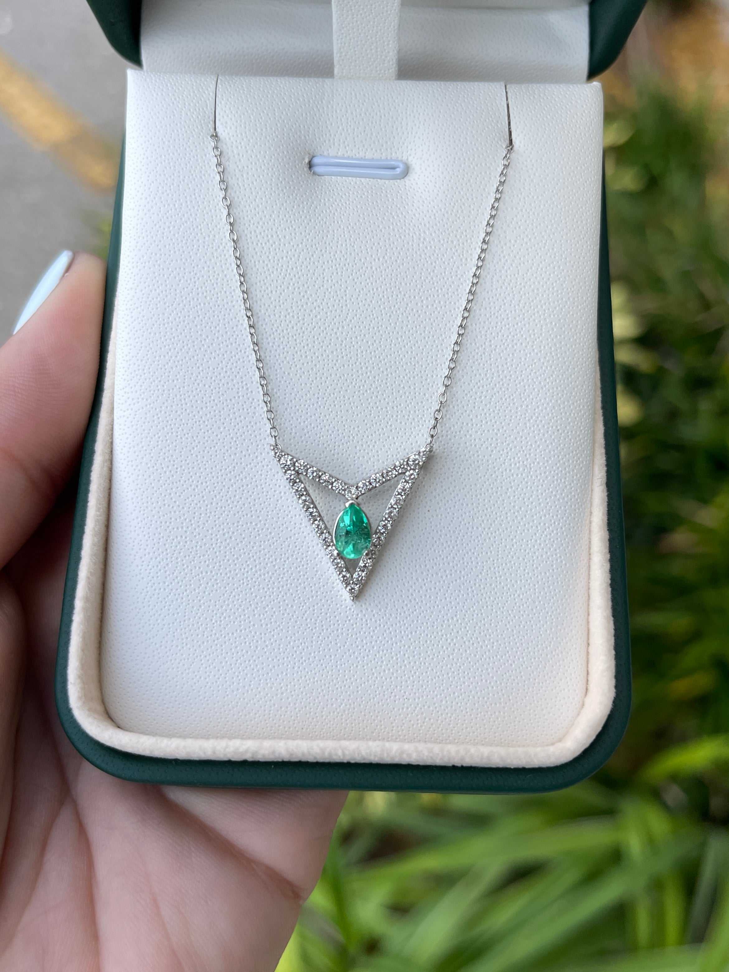 1.80tcw Floating Pear Emerald & VS Diamond Triangle Geometrical Necklace 14K - JR Colombian Emeralds