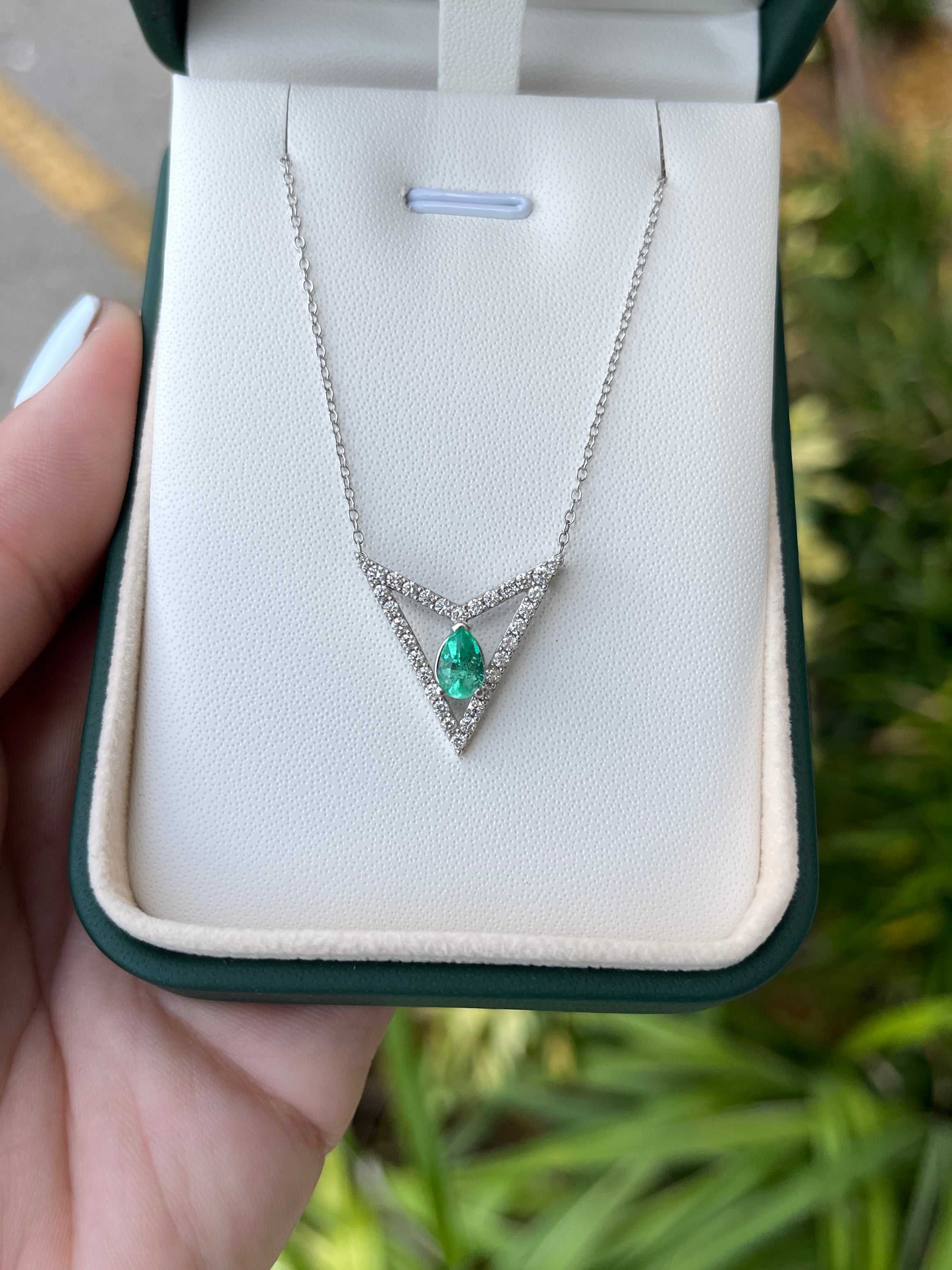 1.80tcw Floating Pear Emerald & VS Diamond Triangle Geometrical Necklace 14K - JR Colombian Emeralds