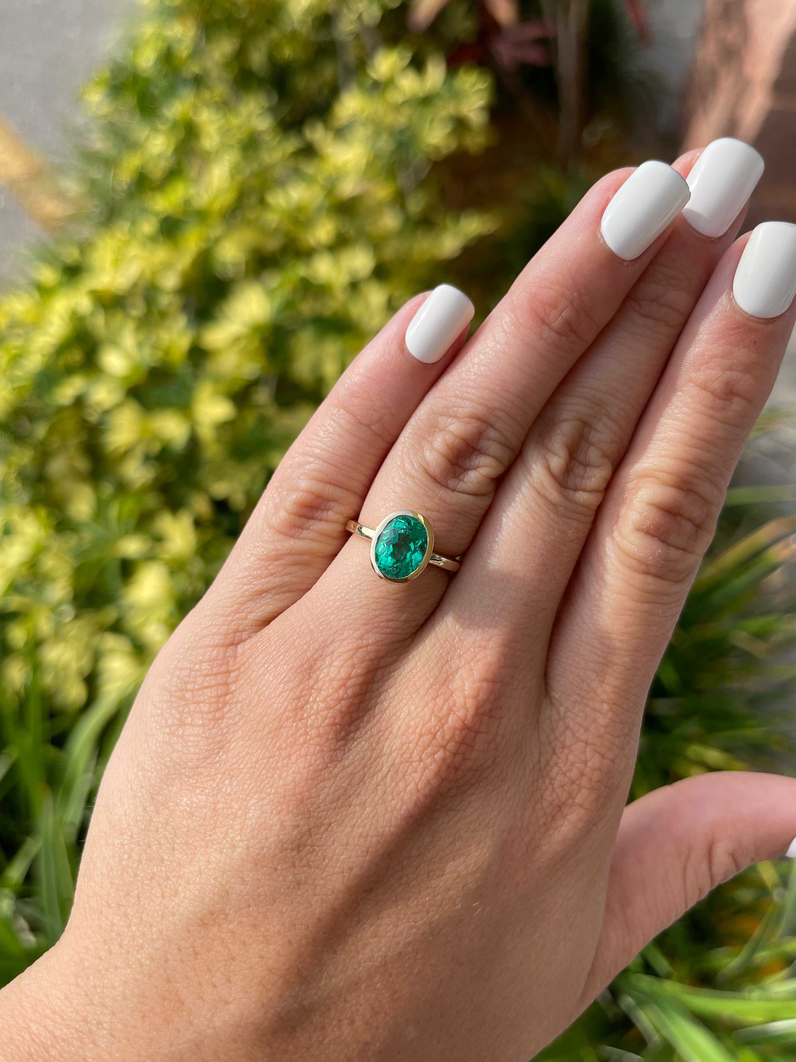 3.15cts 18K Bezel Set Oval Emerald Solitaire Engagement Ring - JR Colombian Emeralds