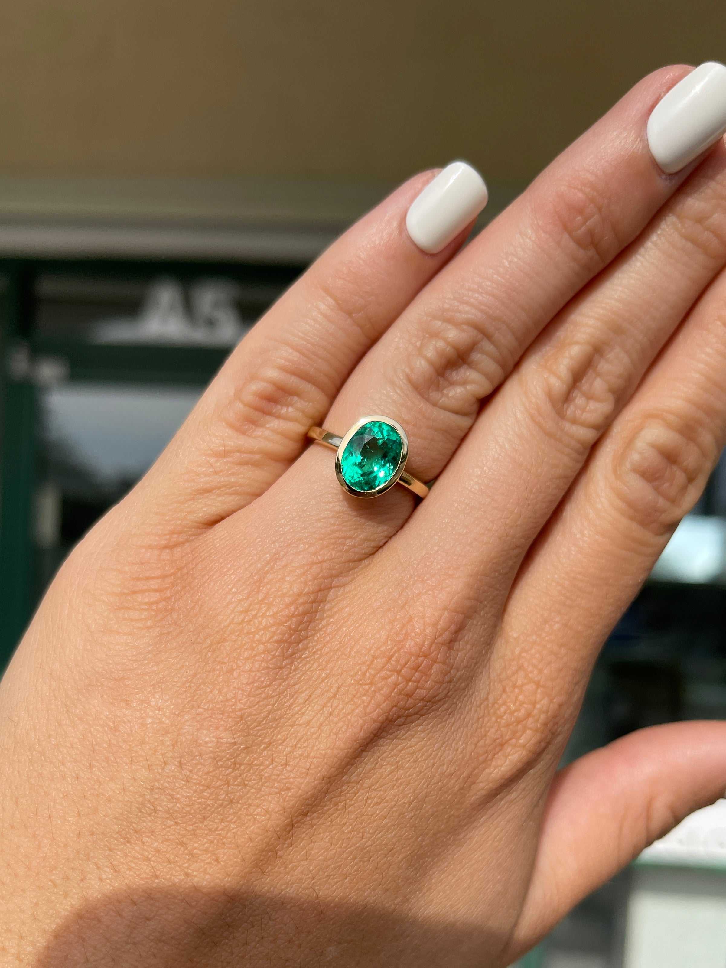 3.15cts 18K Bezel Set Oval Emerald Solitaire Engagement Ring - JR Colombian Emeralds