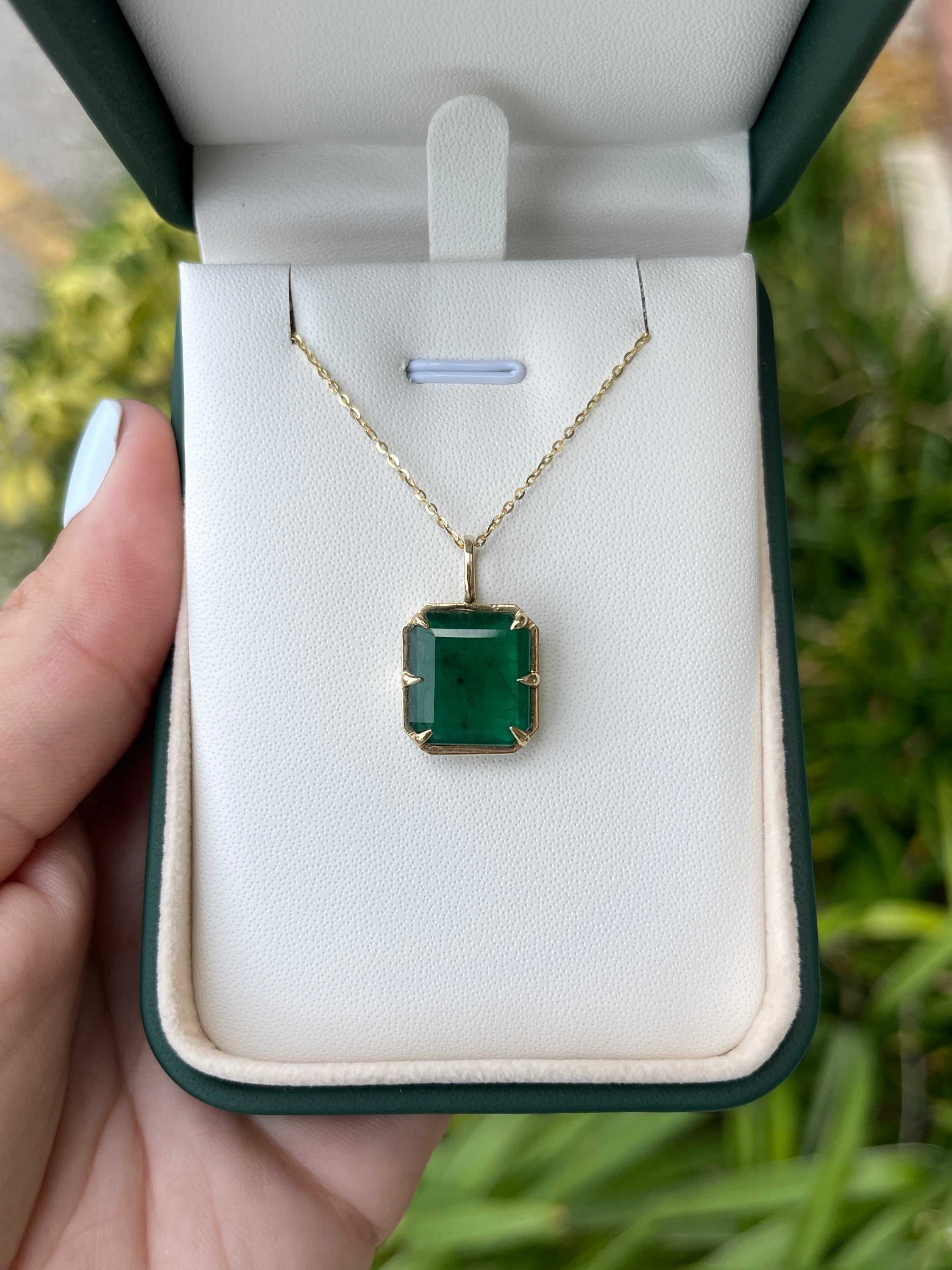 6.30 Carat Natural Dark Green Emerald Georgian Styled Solitaire Pendant 14K - JR Colombian Emeralds