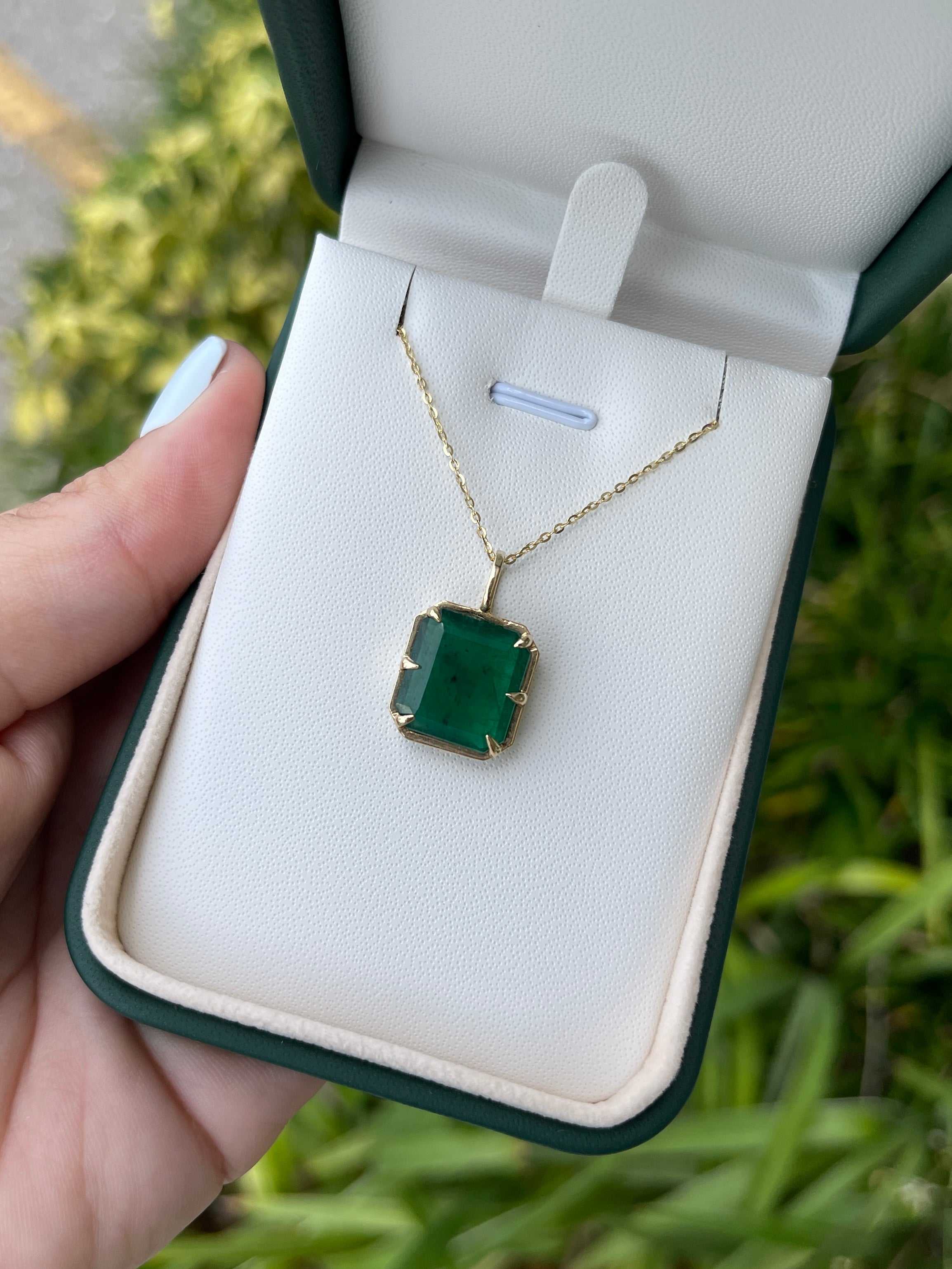 6.30 Carat Natural Dark Green Emerald Georgian Styled Solitaire Pendant 14K - JR Colombian Emeralds