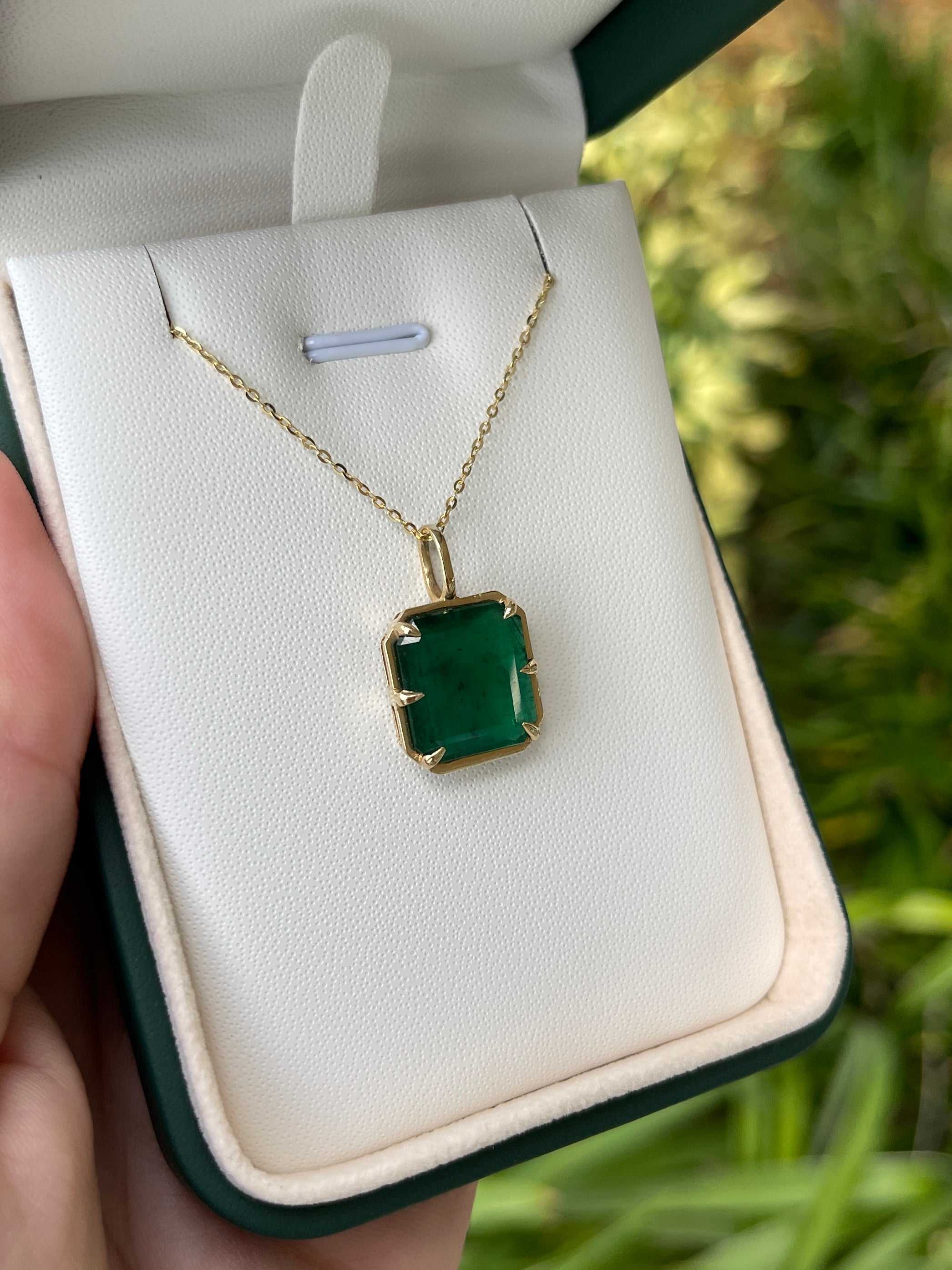 6.30 Carat Natural Dark Green Emerald Georgian Styled Solitaire Pendant 14K - JR Colombian Emeralds