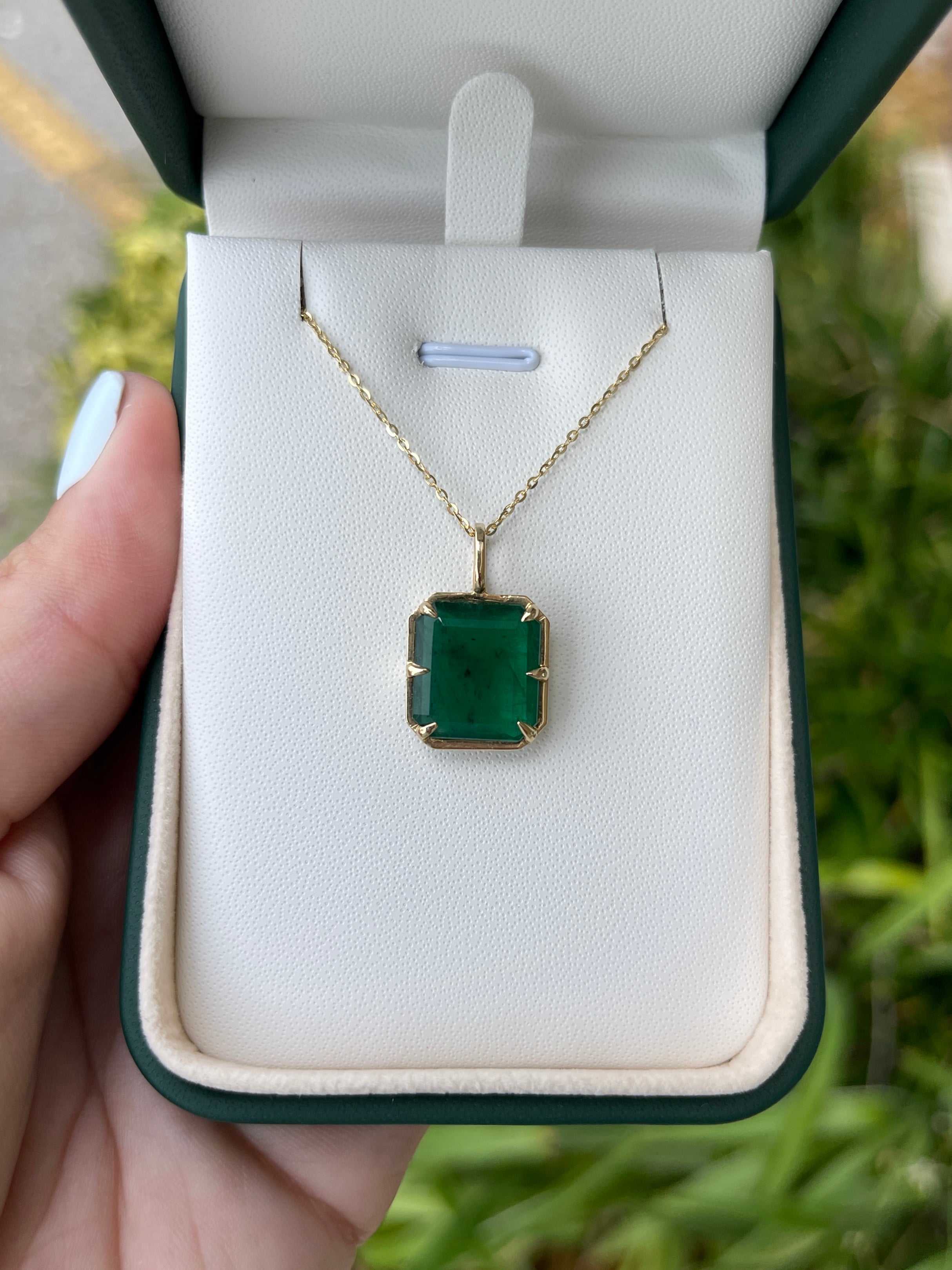 6.30 Carat Natural Dark Green Emerald Georgian Styled Solitaire Pendant 14K - JR Colombian Emeralds