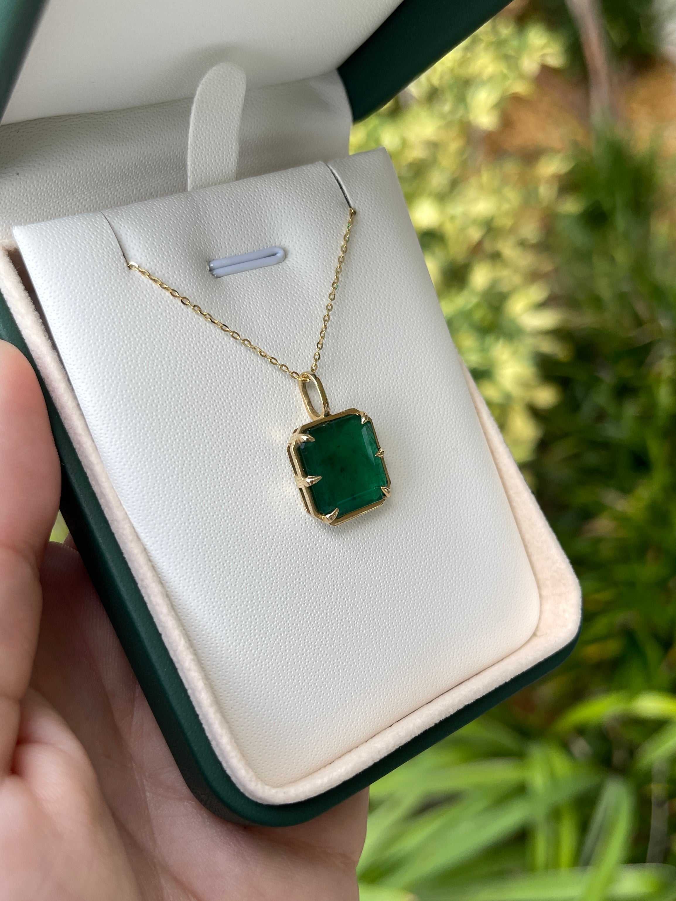 6.30 Carat Natural Dark Green Emerald Georgian Styled Solitaire Pendant 14K - JR Colombian Emeralds