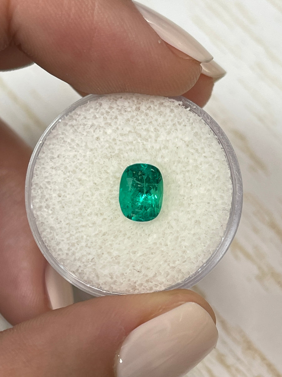 A 1.58 Carat Elongated Cushion Cut Colombian Emerald in a Bluish Green Shade