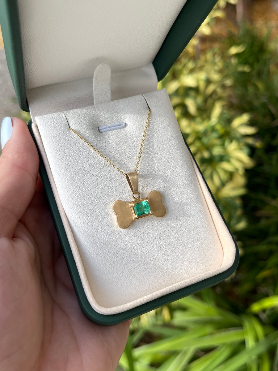 1.50 Carat Dog Bone Emerald Cut Emerald Prong Necklace 14K