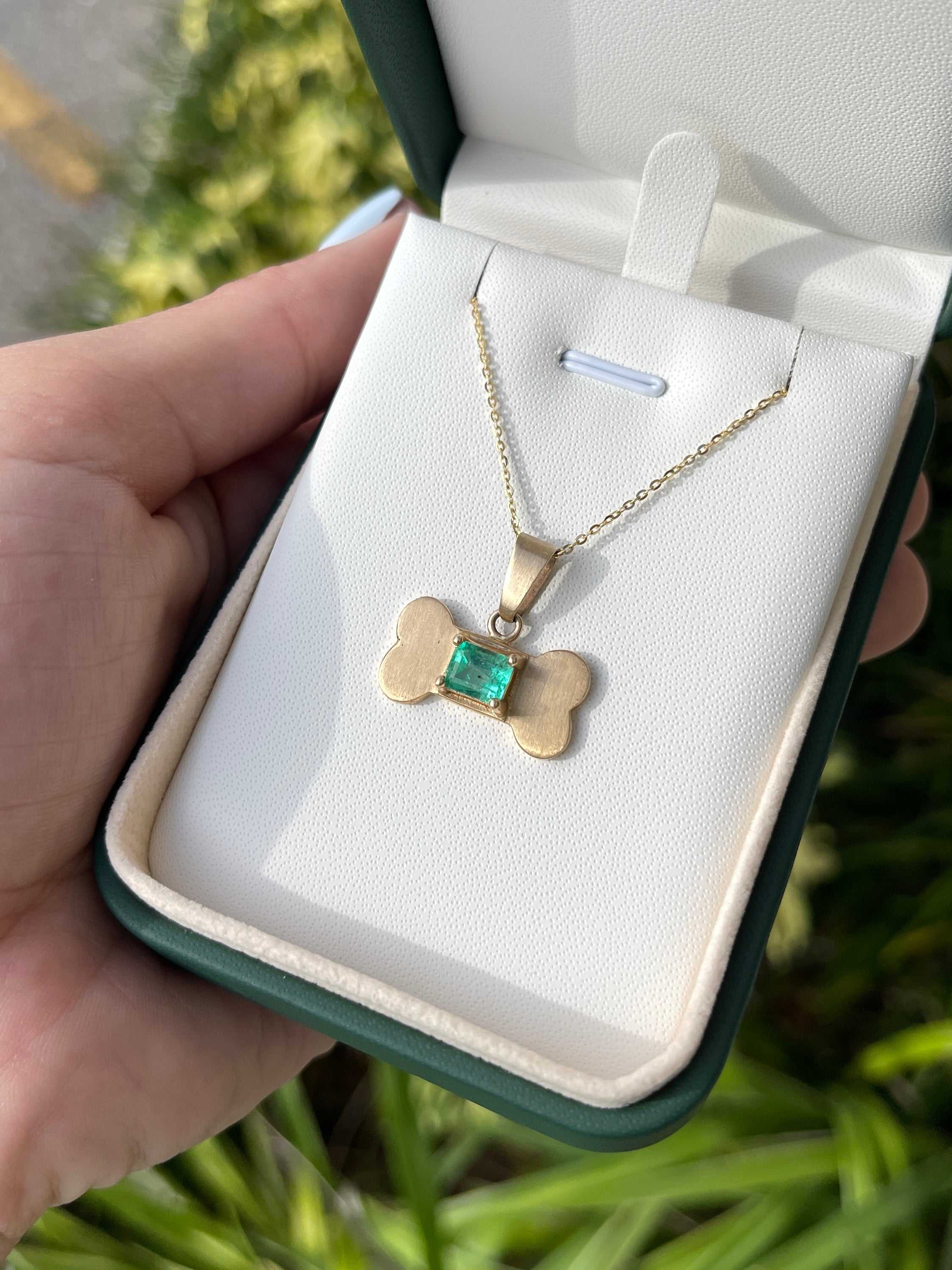 1.50 Carat Dog Bone Emerald Cut Emerald Prong Necklace 14K - JR Colombian Emeralds