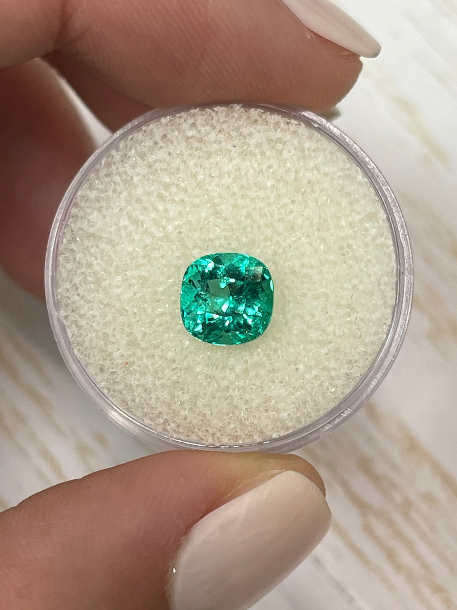 Captivating 1.98 Carat Cushion Cut Colombian Emerald - Vivid Blue-Green Shade
