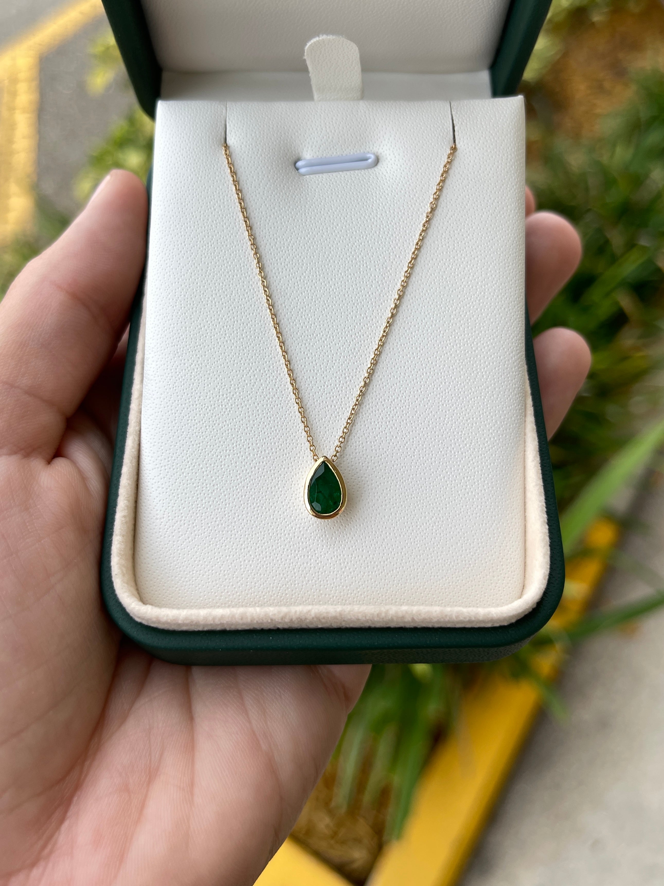 1.20 Carat Medium Rich Green Pear Cut Natural Emerald Bezel Slider Necklace 14K - JR Colombian Emeralds