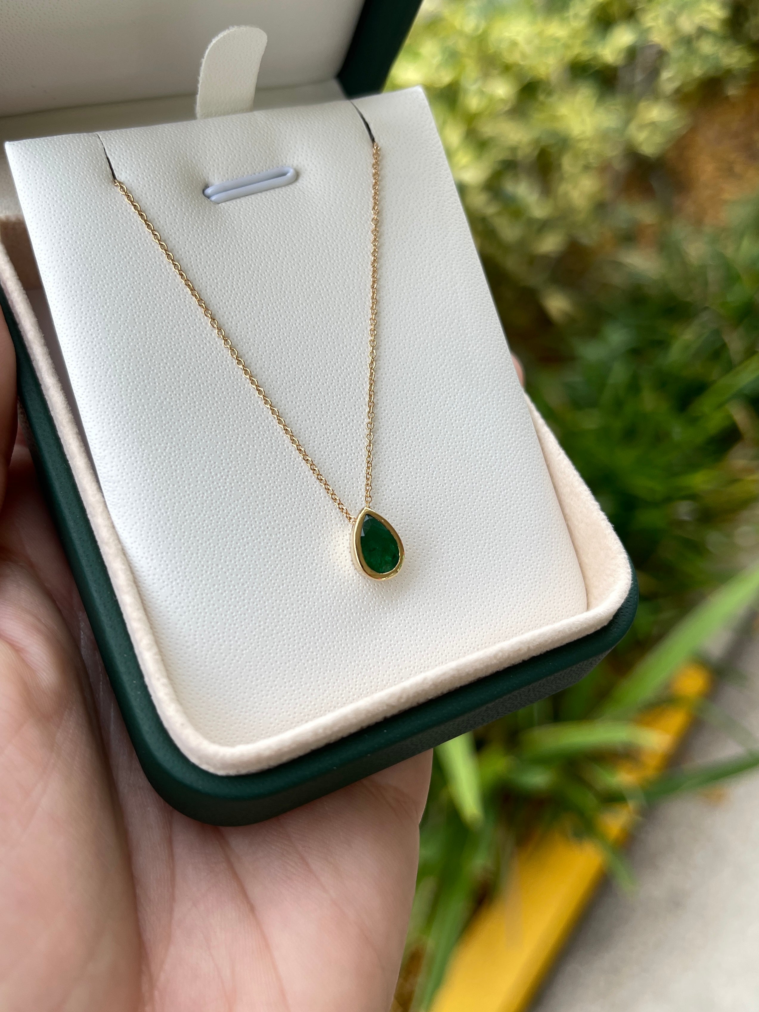 1.20 Carat Medium Rich Green Pear Cut Natural Emerald Bezel Slider Necklace 14K - JR Colombian Emeralds