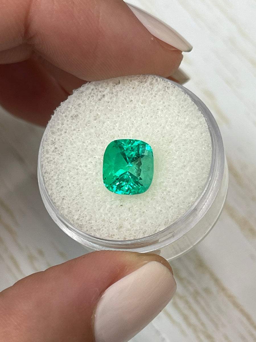 Cushion Cut Colombian Emerald - 2.64 Carats - Muzo Mine - Yellow-Green Shade