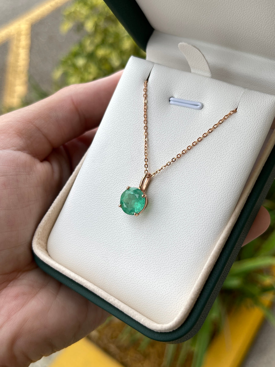 3.19-Carat Colombian Emerald Solitaire Round Cut Rose Gold Pendant